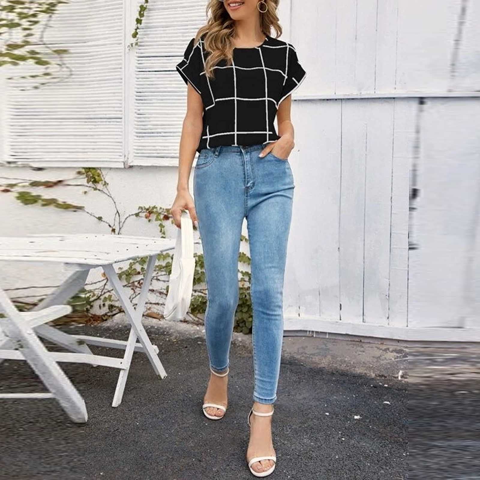 FMCHICO Women's Casual Lattice Print Crewneck Short Sleeve T-Shirt Blouse - Breathable Summer Top for Outing, Dating & Daily Wear