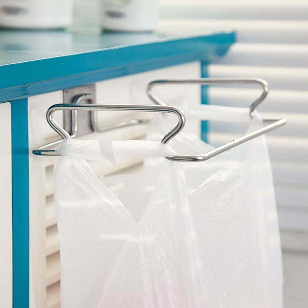 2 Pack Stainless Steel Trash Bag Holder - Heavy Duty Garbage Bag Storage Rack Organizer for Kitchen Cabinets, Doors & Cupboards | Space Saving Hanging Solution for Towels, Gloves & Household Items (Perfect for Small Kitchens, RVs & Apartments)