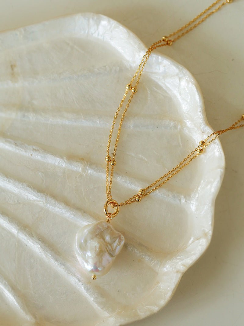 Double Layer Chain Baroque Pearl Pendant Necklace for Women - Elegant Single Pearl Jewelry for Party, Wedding & Special Occasions
