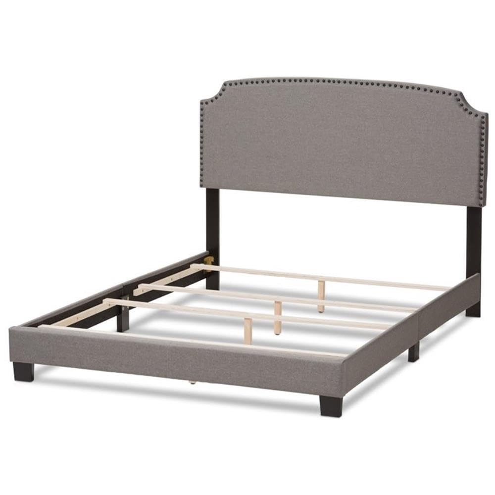 Baxton Studio Odette Nailhead Upholstered King Size Bed Frame in Light Grey - Luxurious Bedroom Furniture for Master Suite Decor