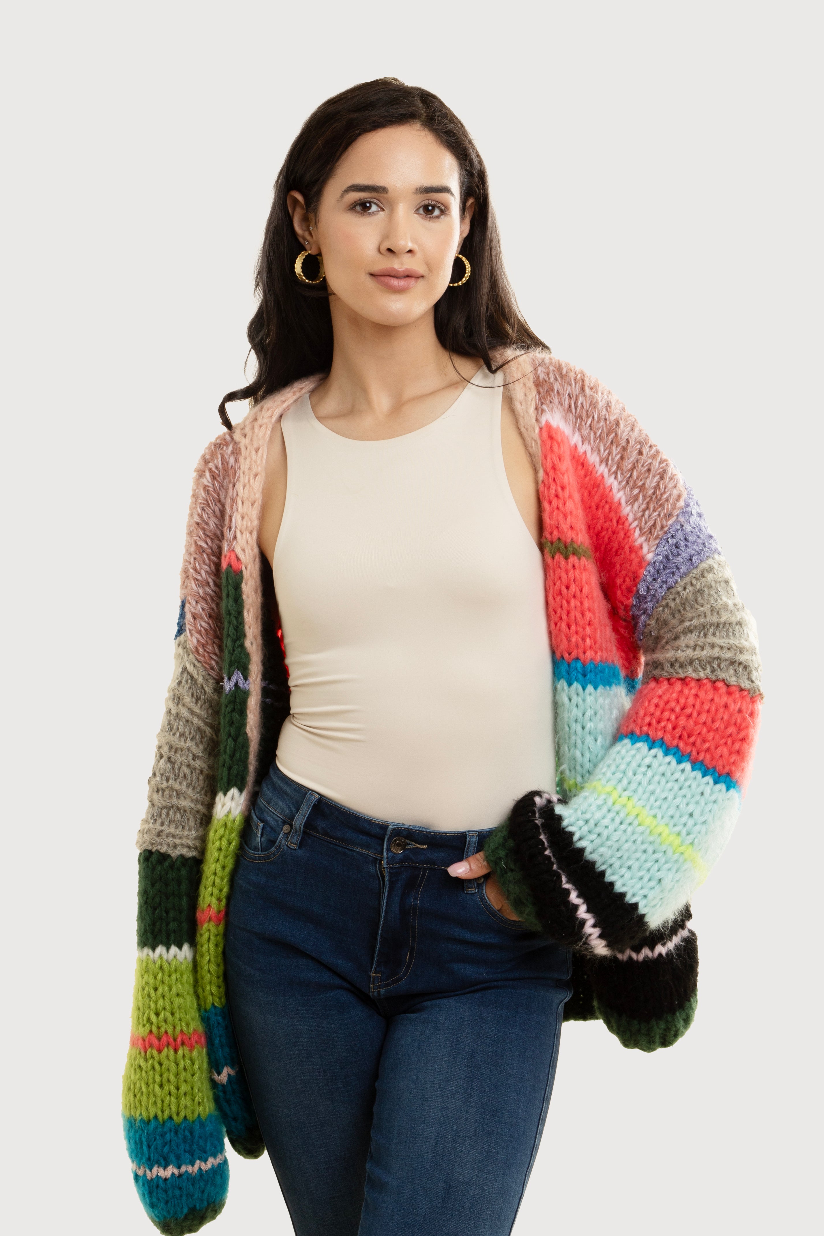 Colorful Knitted Rainbow Multitone Cardigan for Women - Cozy & Stylish Layering for Fall & Winter Outfits