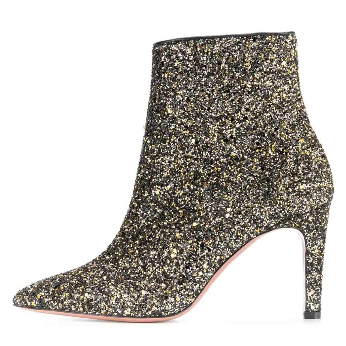 FSJ Women's Sparkle Glitter Ankle Boots - Stiletto Heel Pointy Toe Zip Up Fashion Booties (US Size 4-15) | Perfect for Party, Night Out & Holiday Events