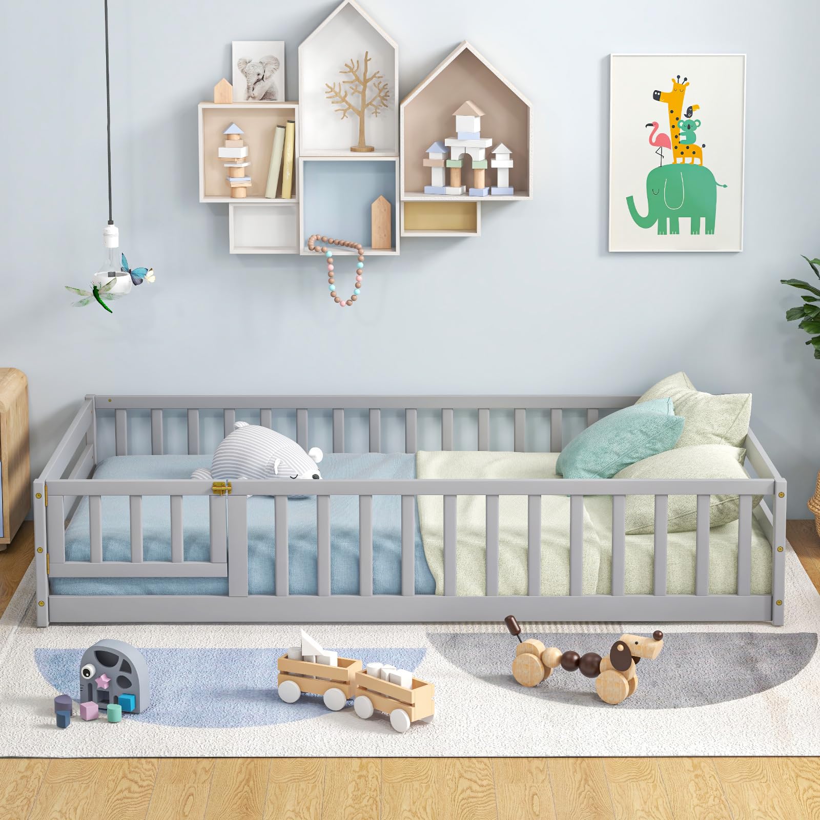 Giantex Twin Floor Bed with Door & Safety Fence - Wooden Montessori Bed for Kids, Boys & Girls - No Box Spring Needed - Sturdy Frame with Guardrails - Grey - Perfect for Montessori Rooms, Daycare & Kids' Bedrooms