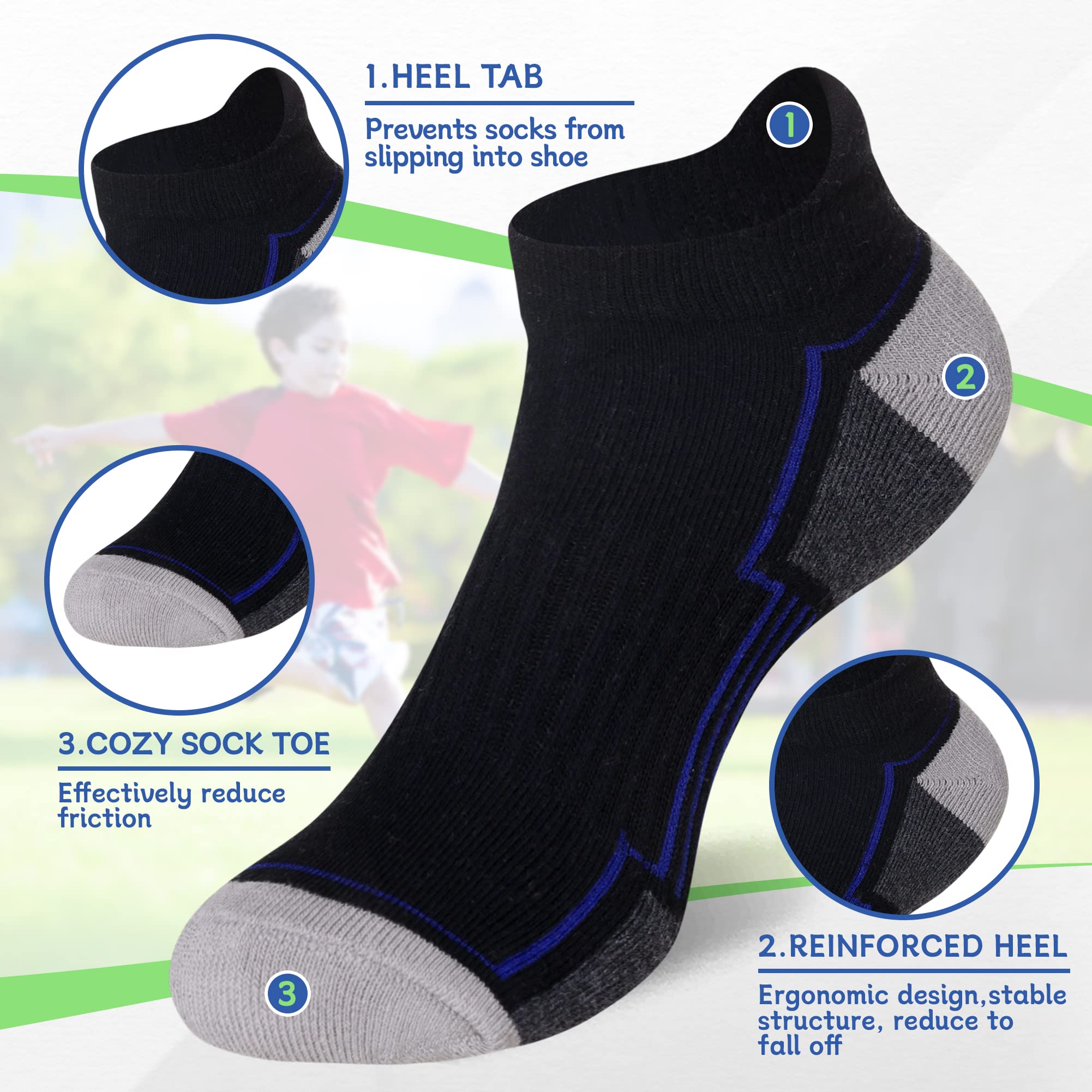 SeeyAN Boys Athletic Ankle Socks - 6 Pairs of Breathable Cotton Low Cut Sports Socks with Half Cushion for Kids - Perfect for Running, Basketball & School Activities