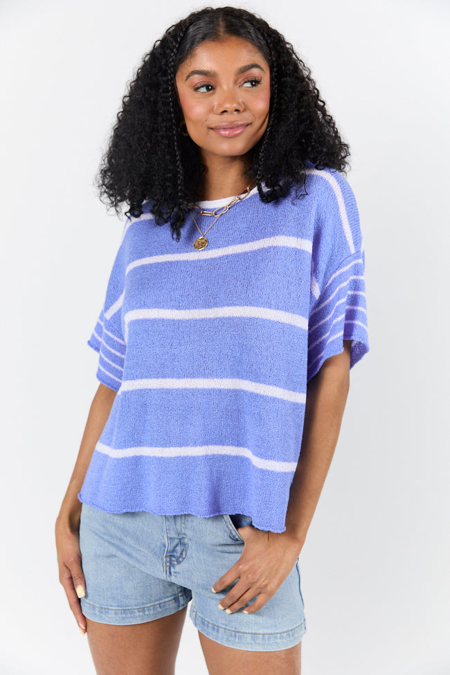 Blue and Ivory Striped Sweater T-Shirt for Women - Soft Cotton Casual Wear | Perfect for Layering, Office Outfits & Weekend Brunch