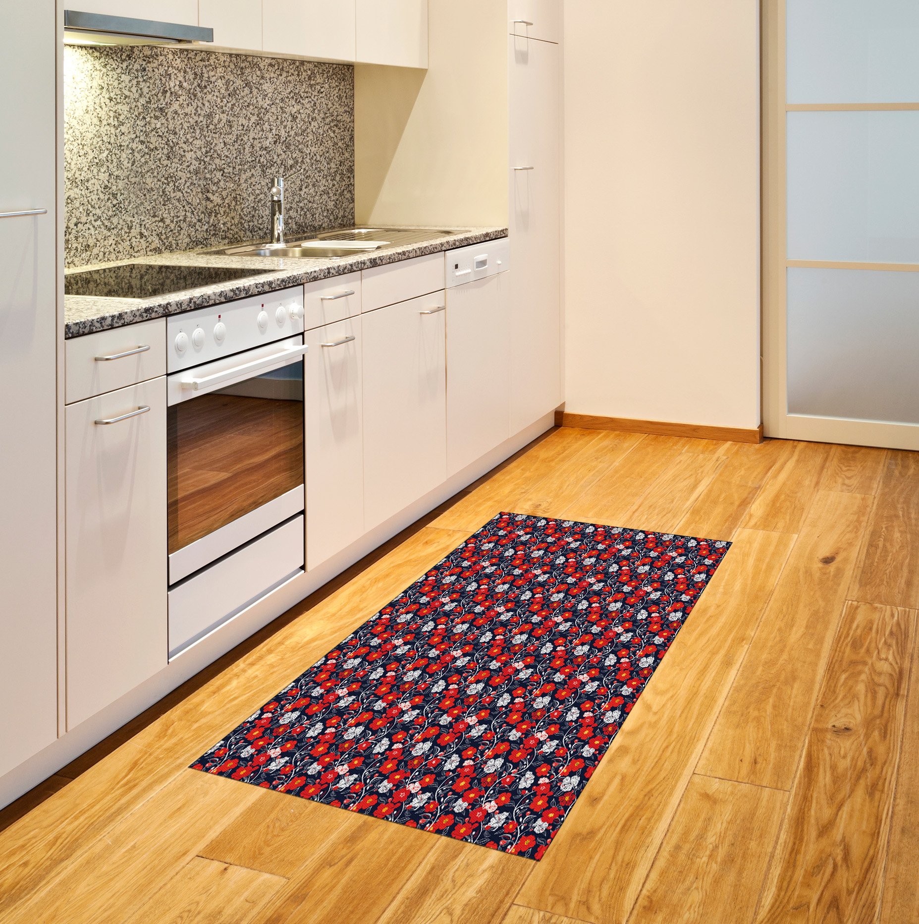 Lunarable Floral Area Rug - Abstract Spring Blooms Vibrant Petals on Dark Blue Backdrop, Flat Woven Accent Rug for Living Room, Bedroom, Dining Room - 2'6