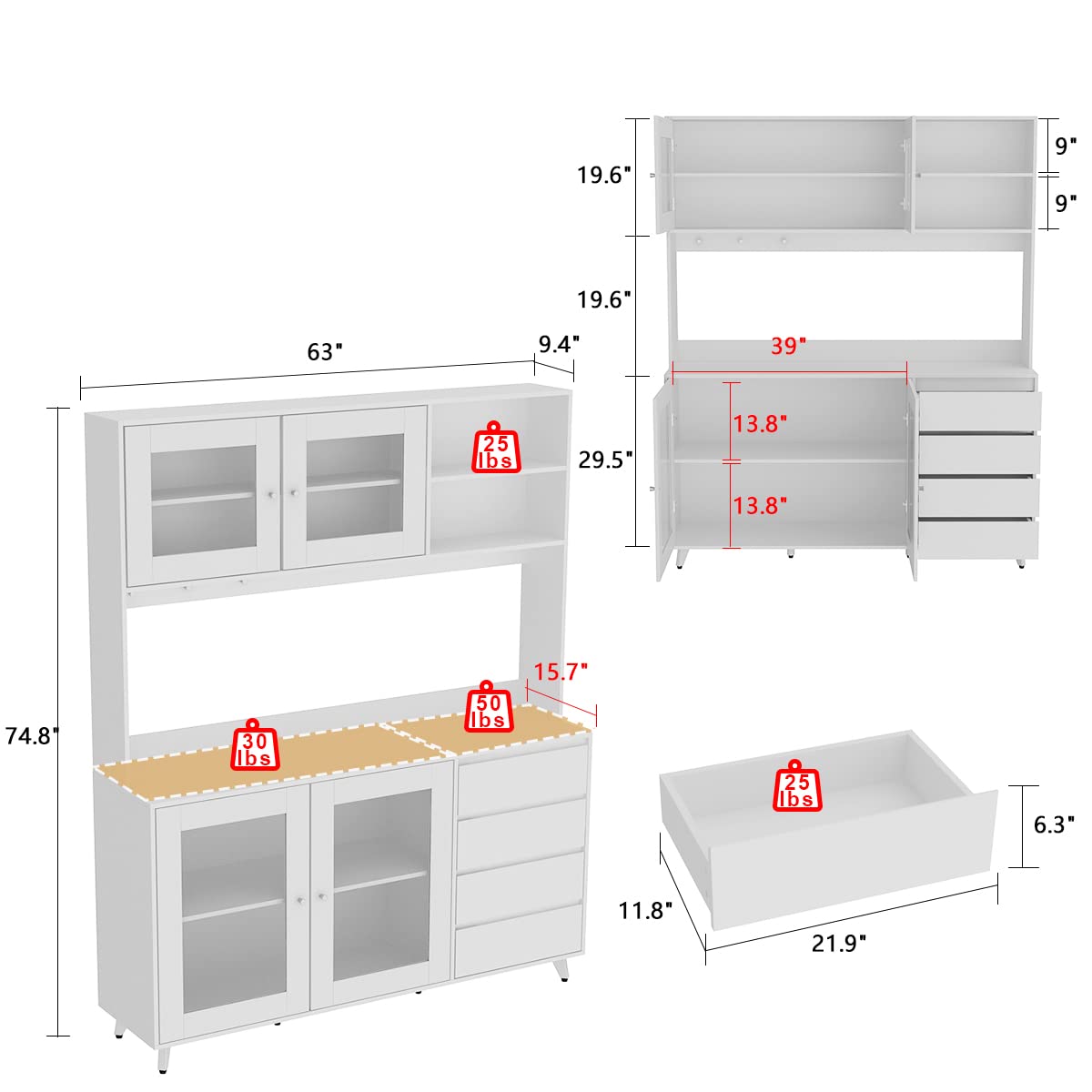 White Large Kitchen Hutch Cabinet with 4 Glass Doors & 4 Drawers - 63