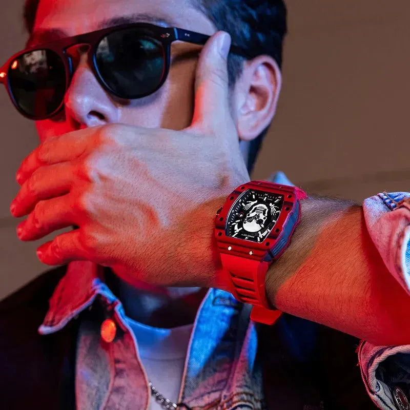 BONEST GATTI Men's Luxury Automatic Skeleton Watch - Tonneau Mechanical Wristwatch with Carbon Fiber Bezel, Titanium Case & Sapphire Crystal - Skull Design with Luminous Hands - Perfect for Business, Formal Events & Collector's Display