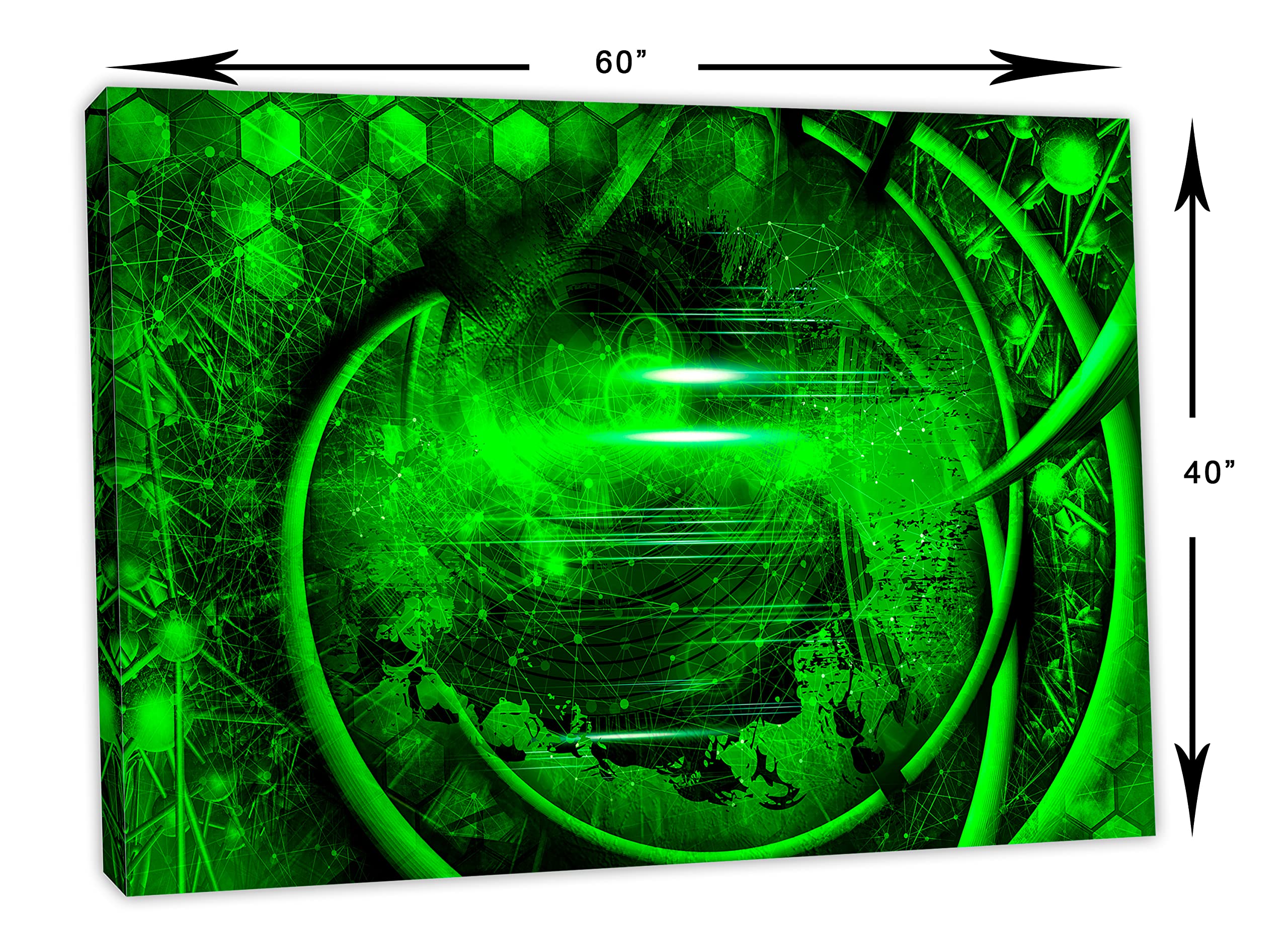 60x40 Abstract Technology Concept Wall Art Canvas Print - Green Hexagonal Techno Digital Art for Modern Home & Office Decor