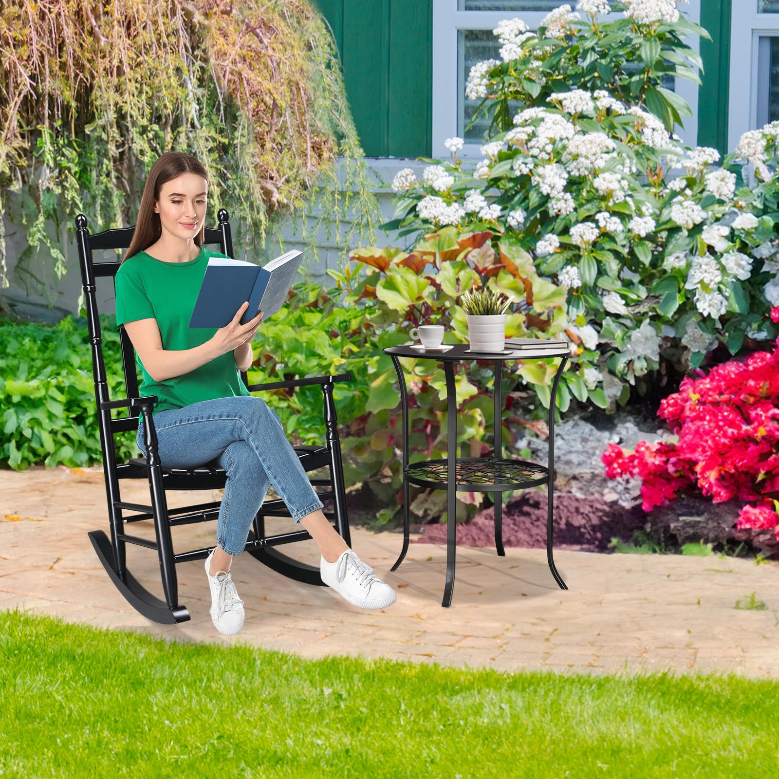 VINGLI Solid Wood Rocking Chair for Outdoor & Indoor Use - 450 lbs Weight Capacity, High Back Reclining Seat, Relaxing Rocker for Deck, Garden, Backyard, Porch - Perfect for Lounging, Reading & Relaxation (Black)