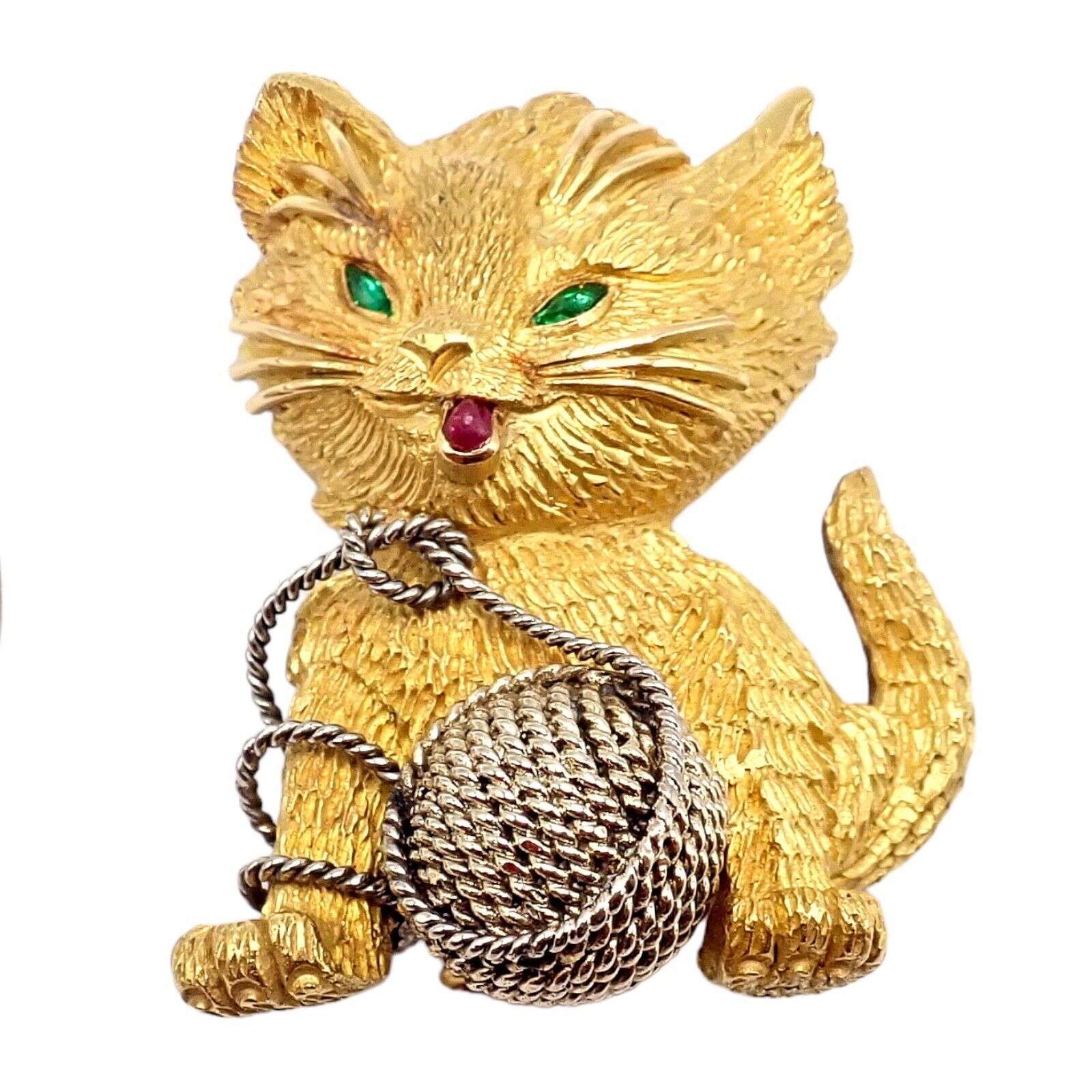 Vintage Tiffany & Co. France 20k Yellow Gold Ruby Emerald Cat Brooch Pin - Elegant Collectible Jewelry for Special Occasions & Gift Giving