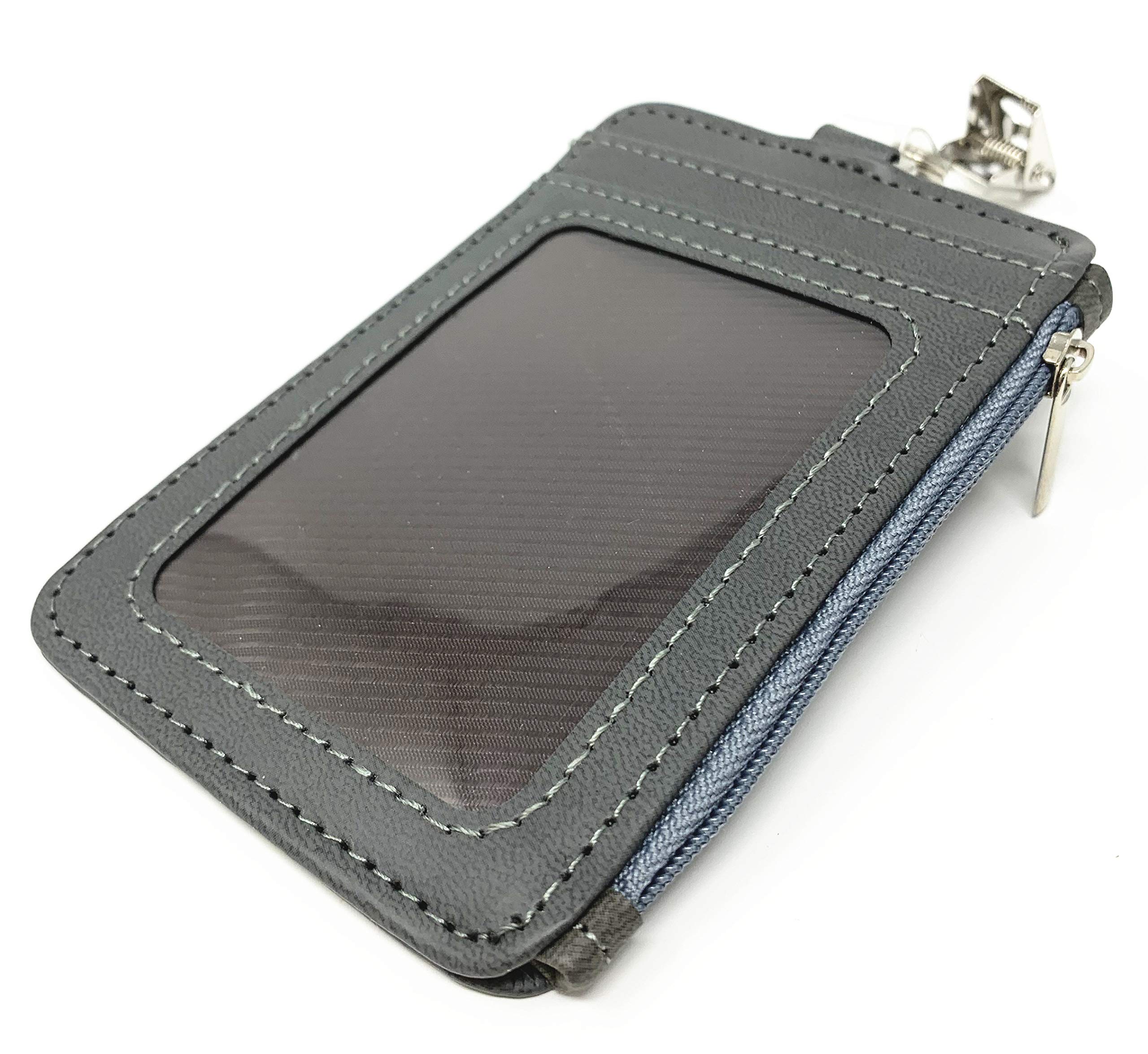 Vertical PU Leather ID Badge Holder with 1 Window, 4 Card Slots & Side Zipper Pocket - Grey | Secure & Stylish Employee ID Card Holder for Work, School & Events | RFID Blocking & Durable Design