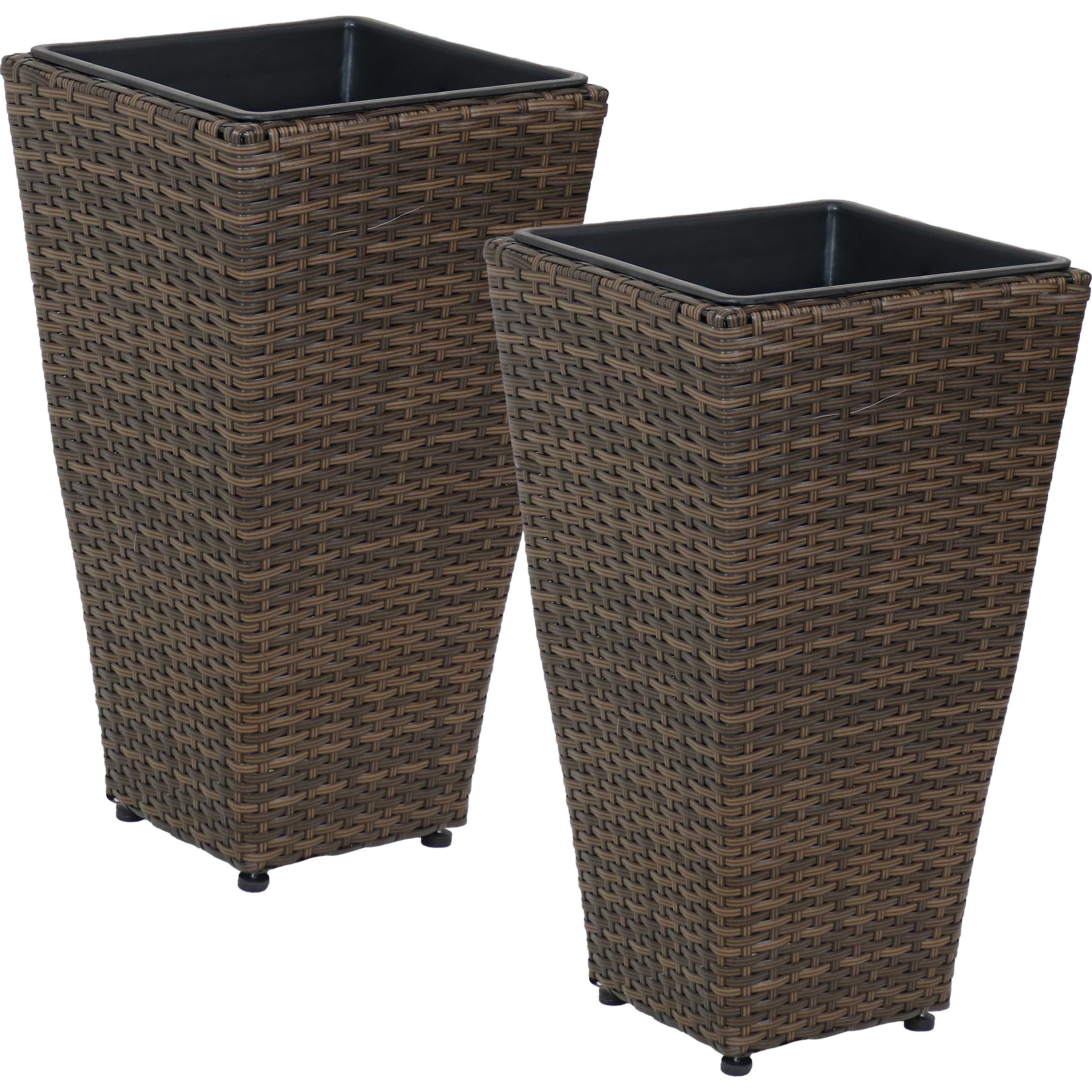 Sunnydaze 2-Piece Set of Brown Square Tall Wicker Planters - Durable Poly Rattan Outdoor Garden Decor for Patio, Balcony & Backyard Landscaping