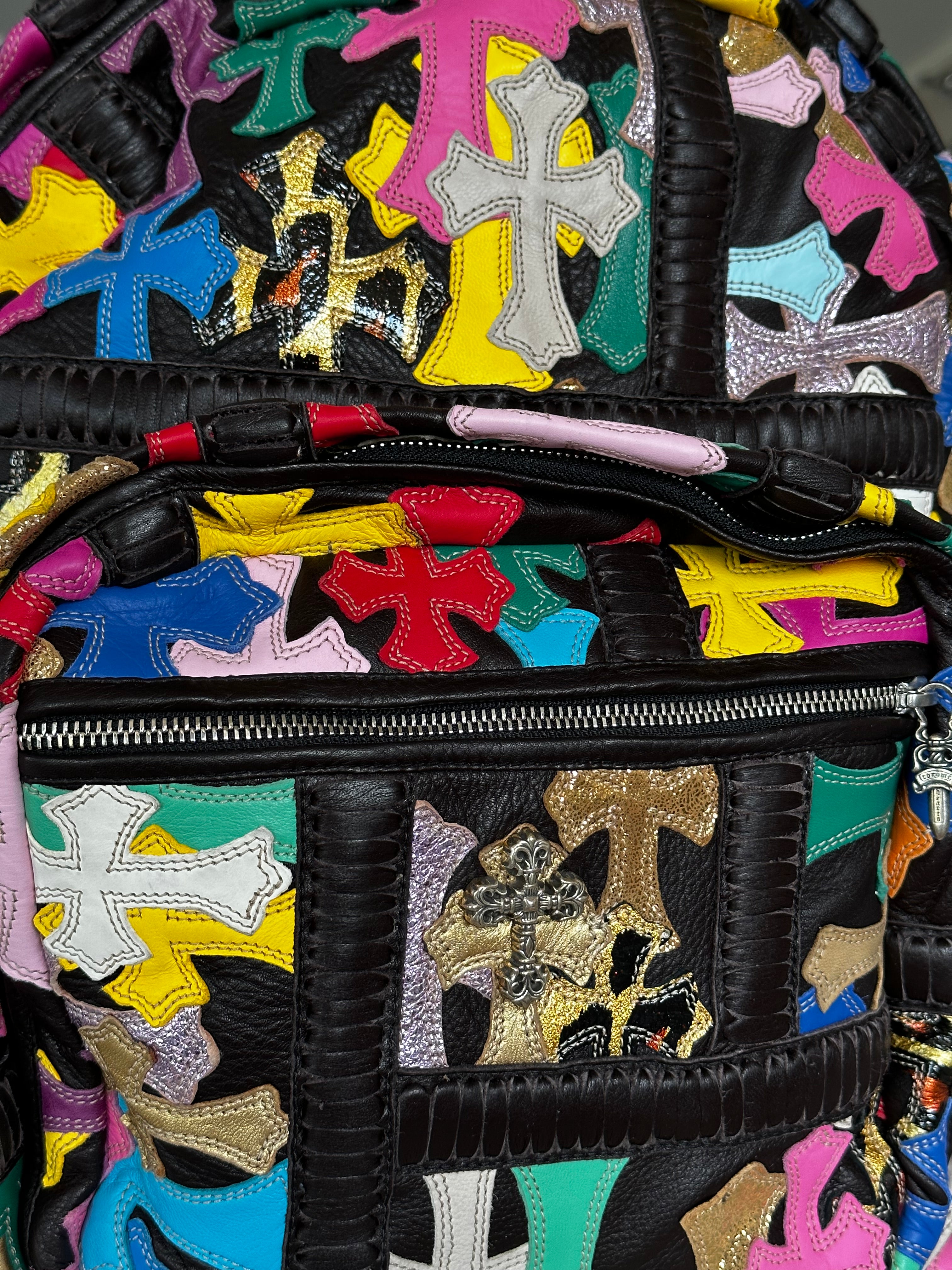 Chrome Hearts Black Multicolor Cross Patch Leather Backpack for Women & Men - Stylish Gothic Fashion Accessory for Travel, School & Daily Use
