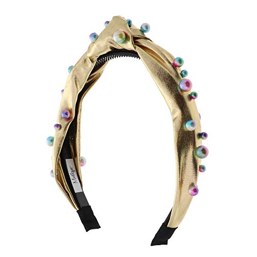 Fashionable Pleather Knot Headband with Multicolored Pearls - Gold Wide Turban Headband for Women | Perfect for Parties, Weddings, and Everyday Wear