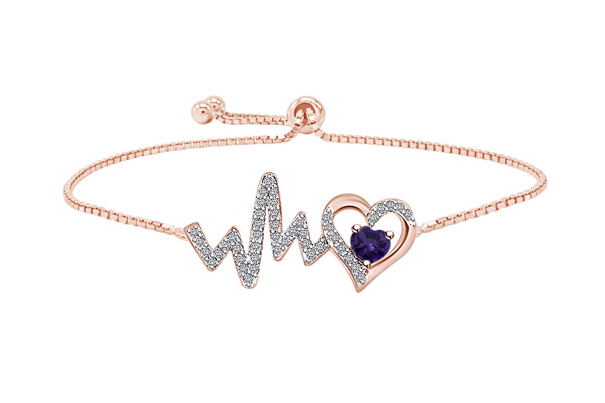 14k Rose Gold Over Sterling Silver Simulated Birthstone & White Cubic Zirconia Heartbeat Bolo Bracelet for Women - Elegant Jewelry Gift for Birthday, Anniversary & Valentine's Day