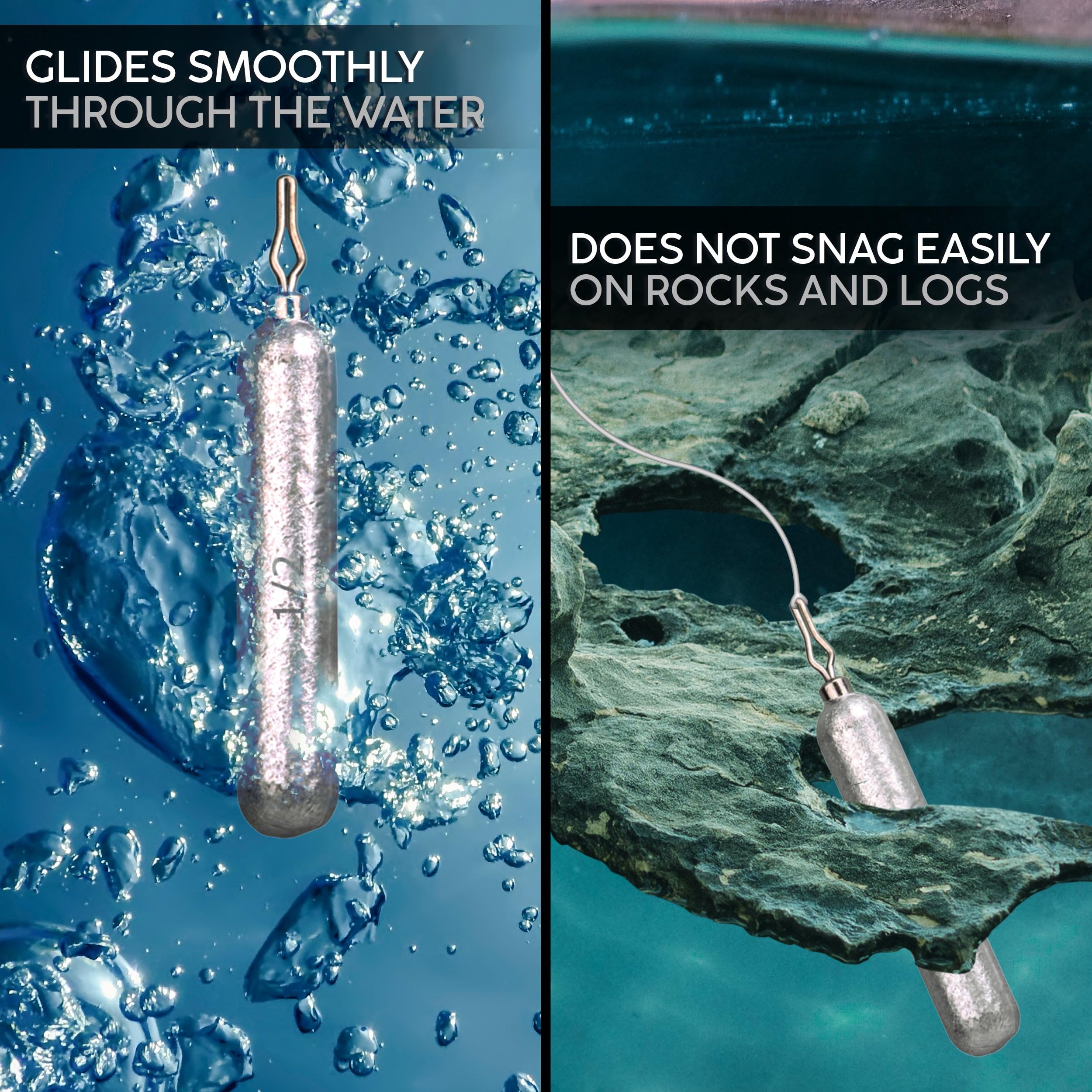 Reaction Tackle Drop Shot Weights - Skinny Pencil Shaped Snagless Sinkers for Bass Fishing (Saltwater & Freshwater) - Ideal for Dropshot Rig Fishing with Soft Plastic Lures - Perfect for Shore Fishing, Kayak Fishing and Tournament Angling