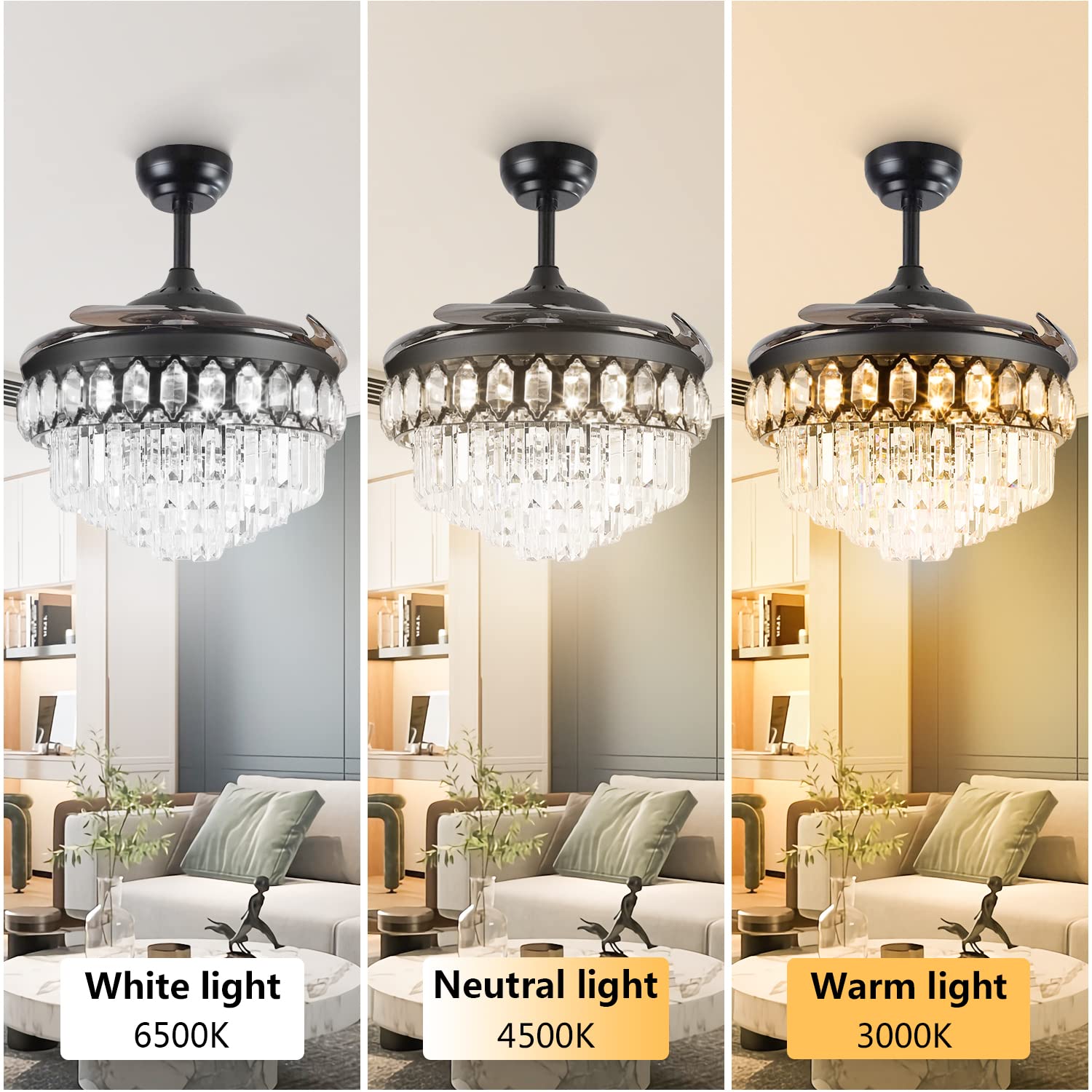 RuiWing 42 Inch Crystal Ceiling Fan with Light, Retractable Blades, Remote Control, 3 Speed & Dimmable LED Chandelier - Perfect for Bedroom, Living Room, Dining Room & Home Decor