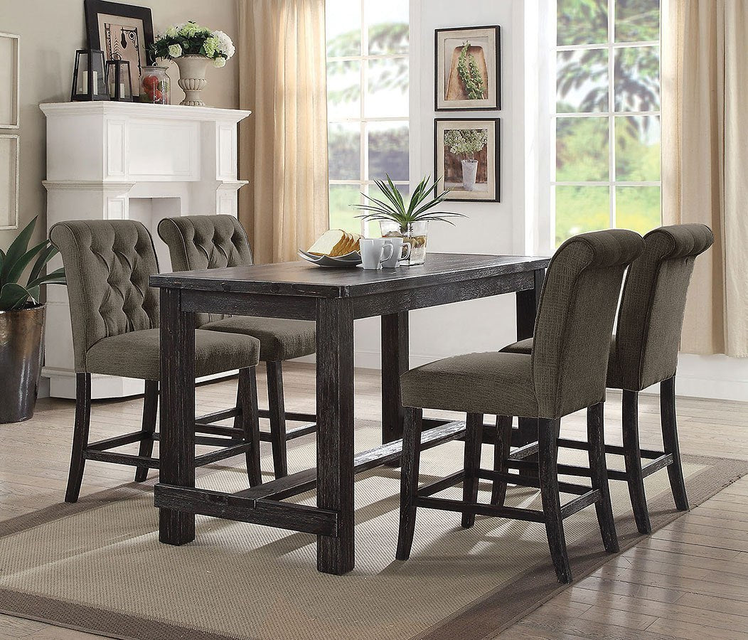 Rustic Dining Room Furniture Set of 2 Counter Height Chairs - Grey Chenille Upholstered Tufted Kitchen & Breakfast Stools for Bar Counter or Island Use