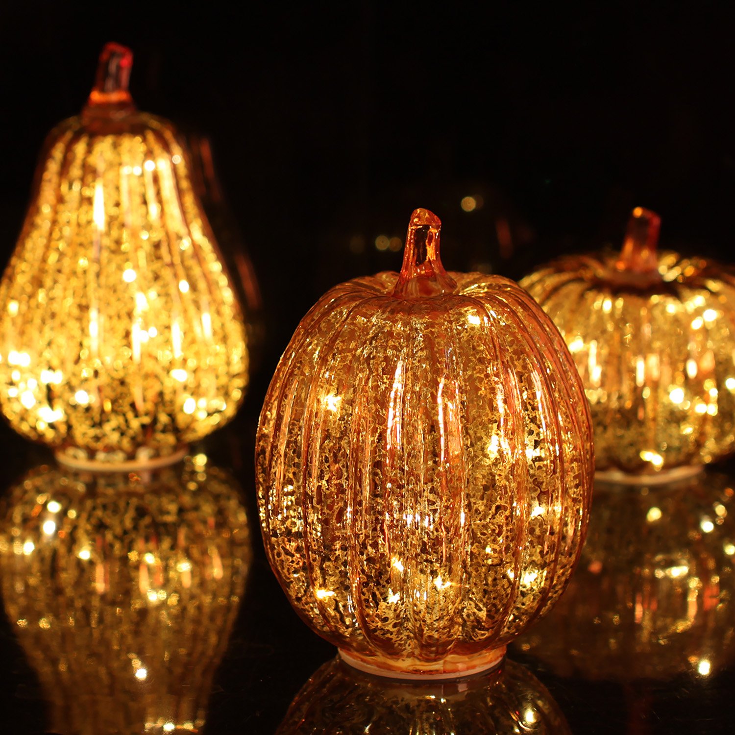 Romingo Set of 3 Halloween Mercury Glass Pumpkin Lights with Timer - Gold Fall & Thanksgiving Decor for Home, Porch, and Party Decoration