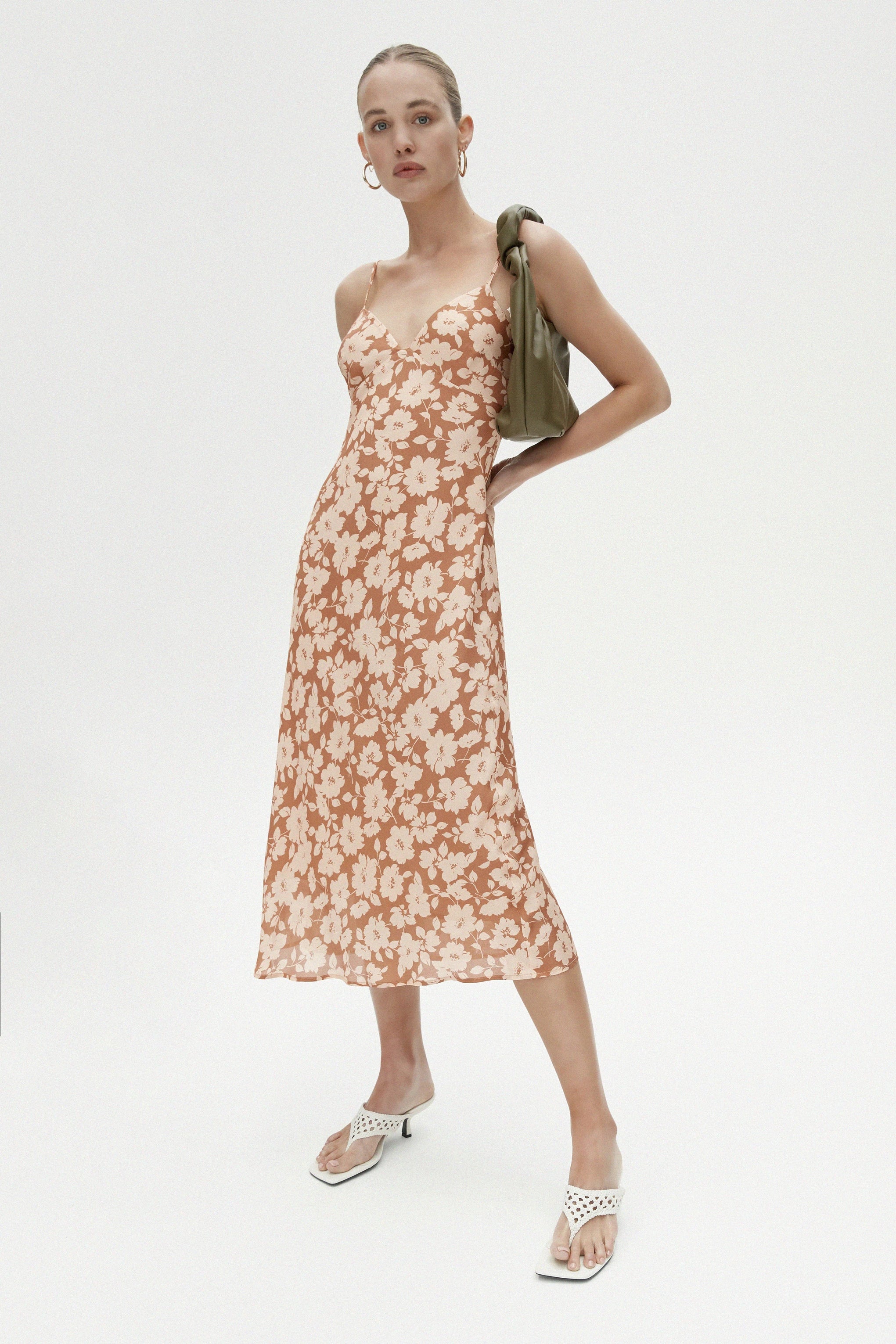 Dina Dress - Mocha Floral Print Women's Summer Dress | Elegant Flowy Maxi Dress for Beach, Wedding & Vacation