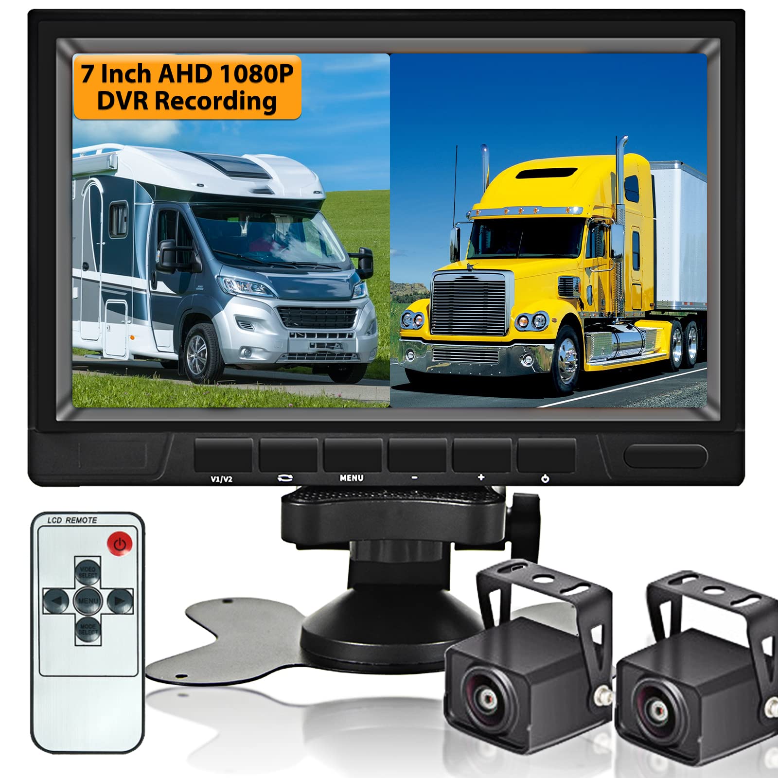 AHD Dual Backup Camera with 7'' 1080P DVR Monitor - Waterproof Front & Rear View Camera with Night Vision for Trucks, Pickups, RVs, Campers, Buses (12V-36V) - Perfect for Parking, Reversing & Night Driving Safety