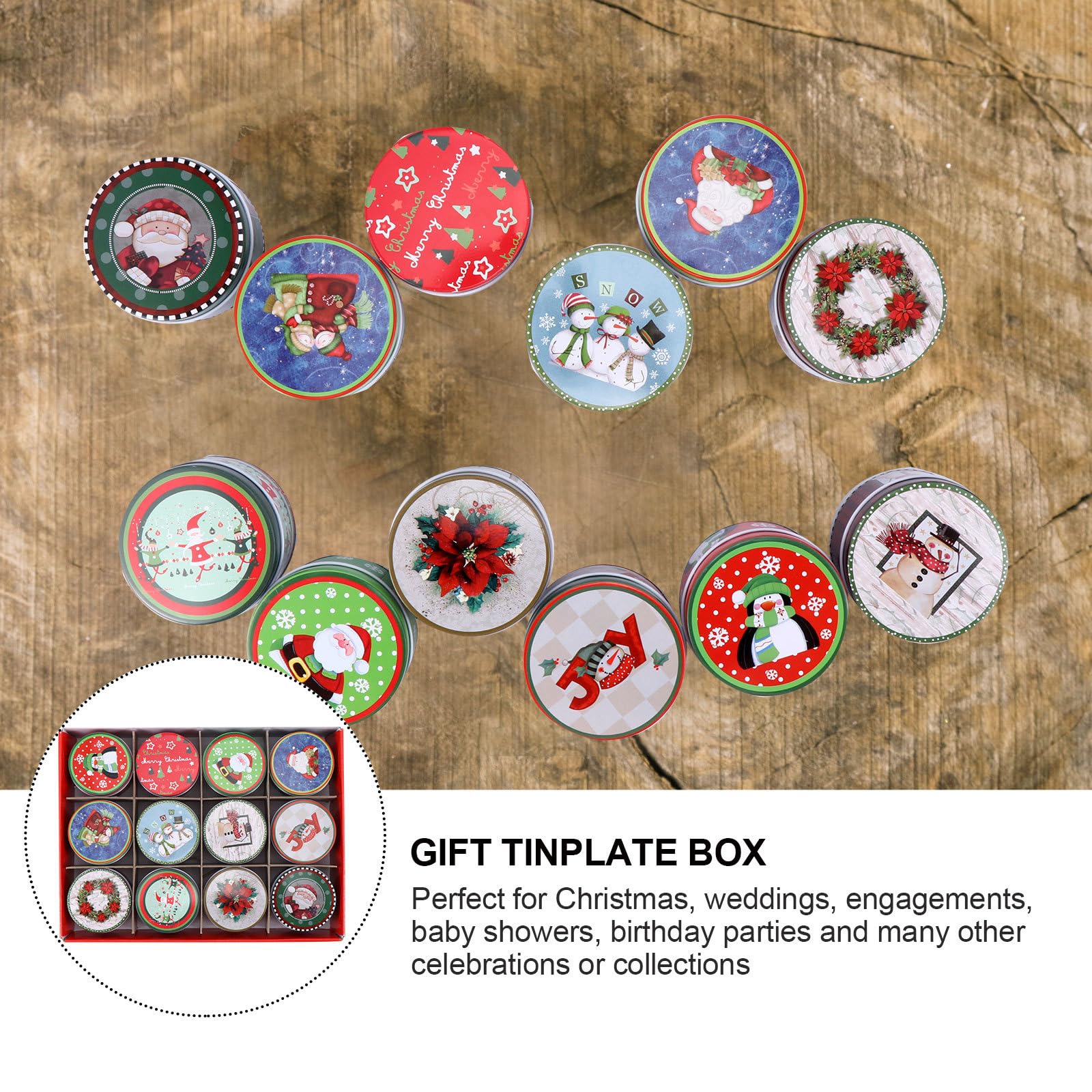 DOITOOL 12PCS Christmas Cookie Tins with Lids - Round Holiday Candy Storage Containers, Small Metal Cookie Box Set for Xmas Gifts, Party Favors & Baking Treats (2.95x2.95x1.97 Inch) - Perfect for Holiday Gift Wrapping, Cookie Exchanges & Festive Dessert Displays
