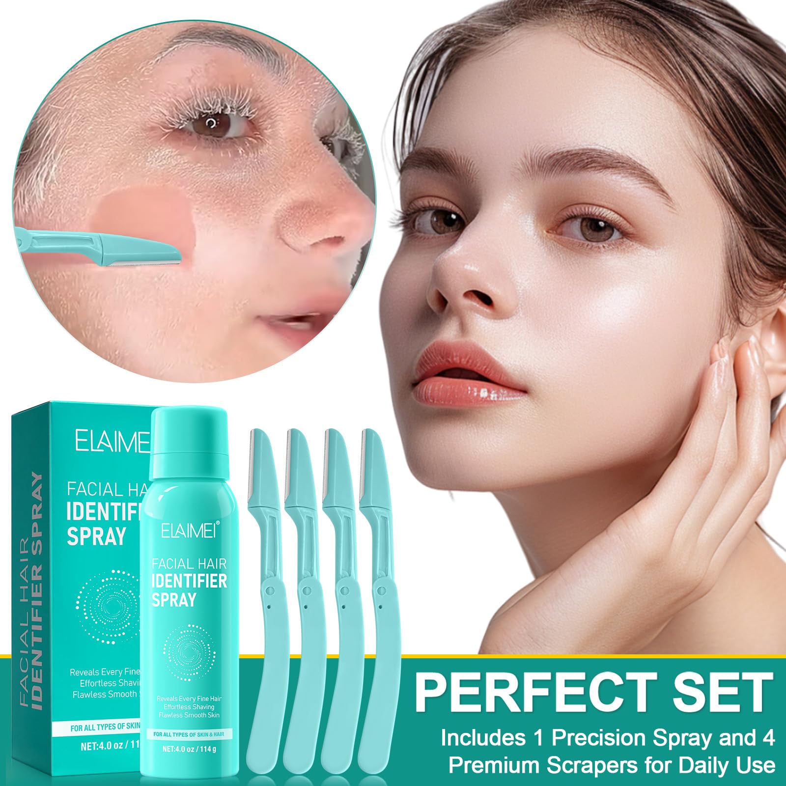 Best Hair Identifier Spray for Face Shaving - Includes 4 Green Face Razors | Gentle & Effective Dermaplaning Spray for Women | Perfect for At-Home Facial Hair Removal & Smooth Skin Care Routine