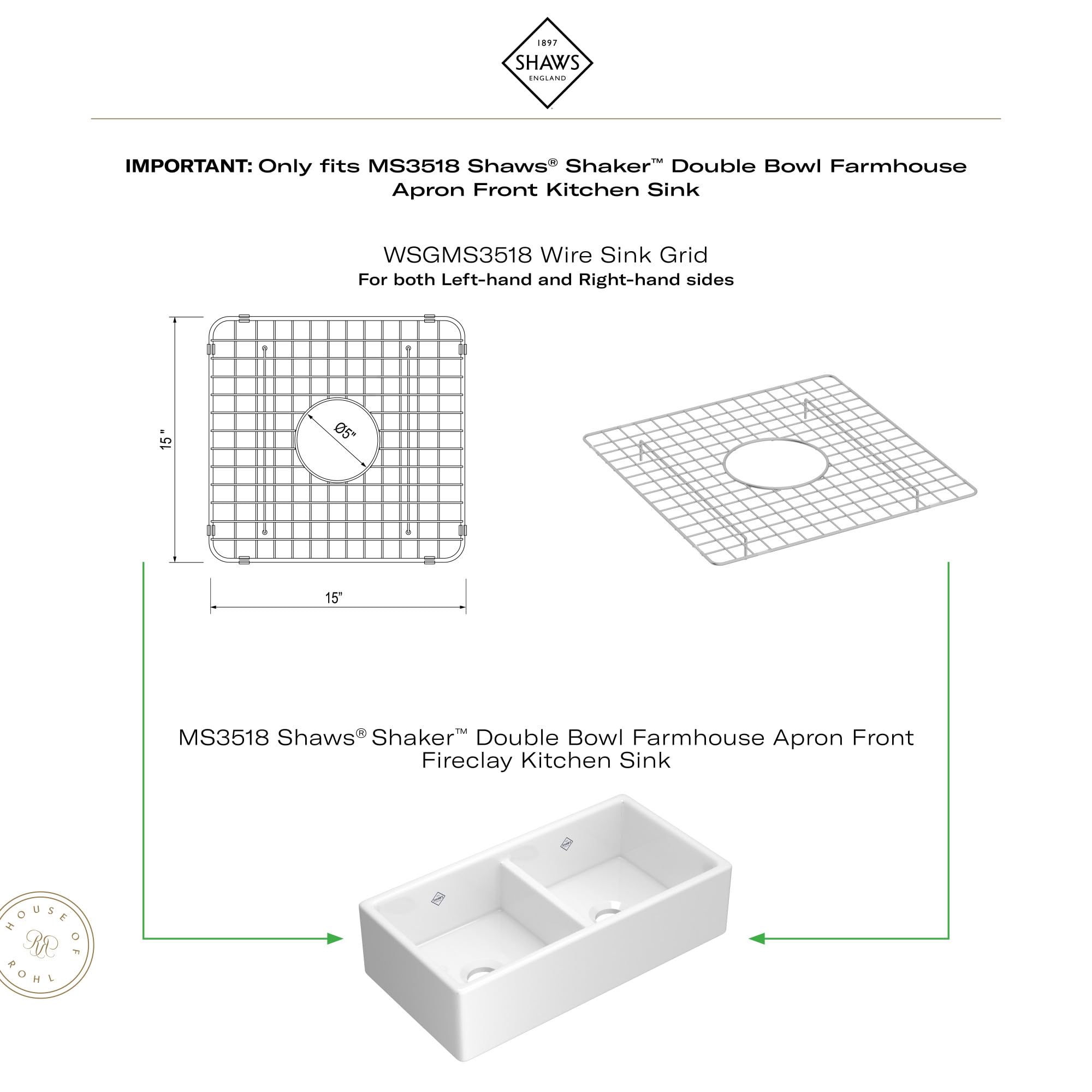ROHL White Wire Sink Grid for MS3518 Kitchen Sink - Durable Stainless Steel Sink Protector for Dishwashing & Food Prep