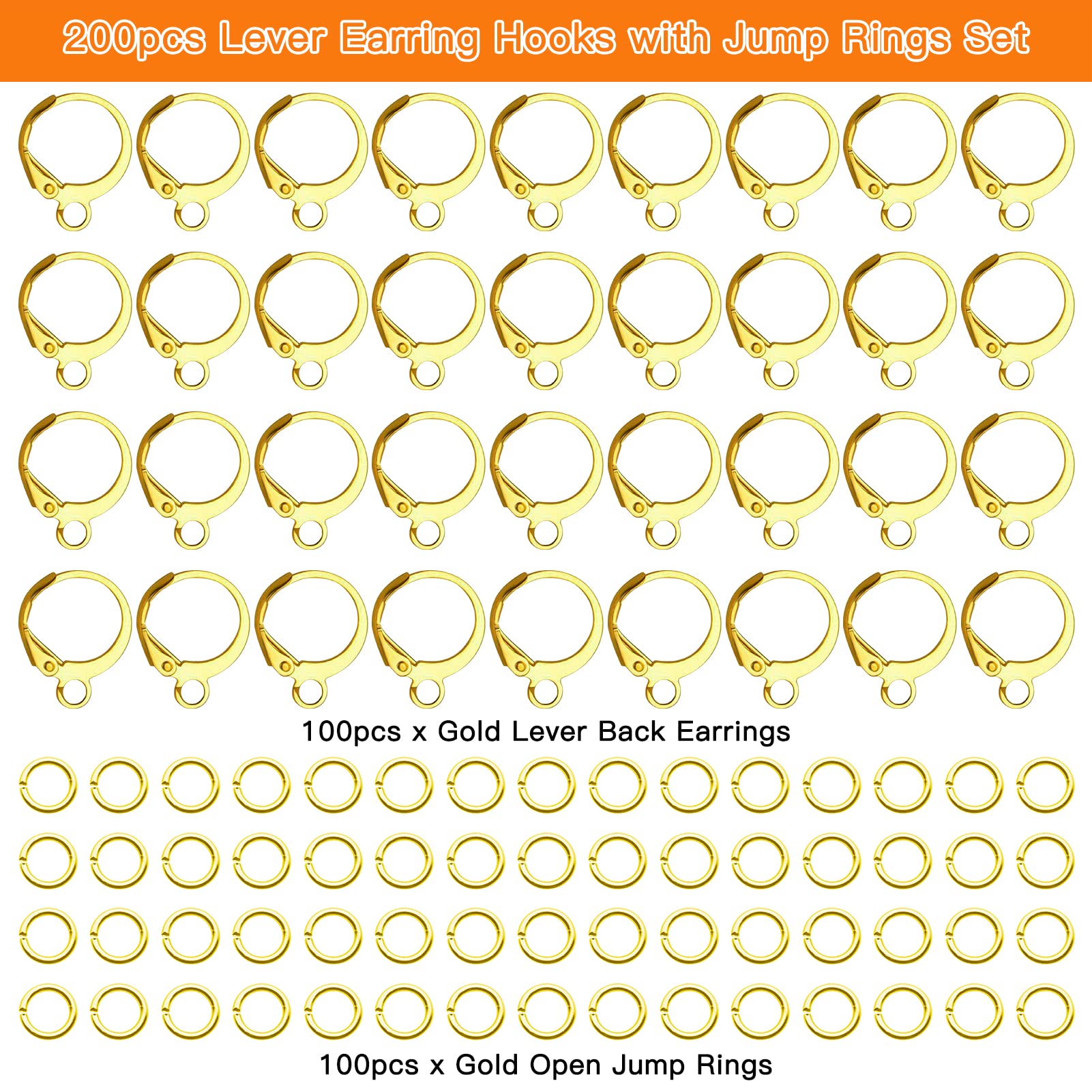 200pcs Gold Round Leverback Earring Hooks Set with 100pcs Open Jump Rings - Hypoallergenic DIY Jewelry Making Supplies for Earrings, Necklaces & Crafts | Perfect for Handmade Gifts, Fashion Accessories & Beading Projects