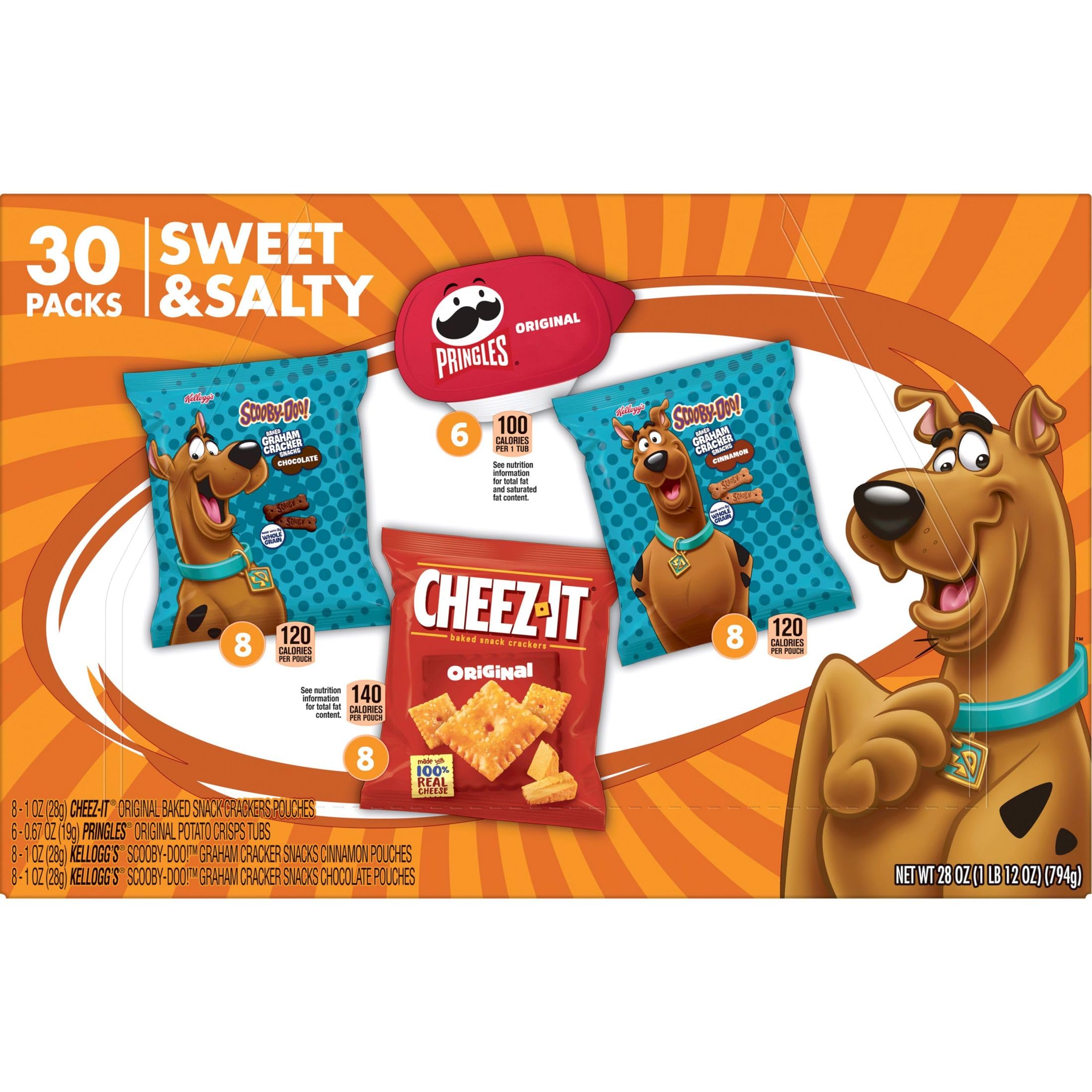 Kellogg's Cheez-It, Pringles & Scooby-Doo Sweet and Salty Snacks Variety Pack - 28oz Box (30 Count) | Bulk Snack Box for Parties, School Lunches & Office Break Rooms