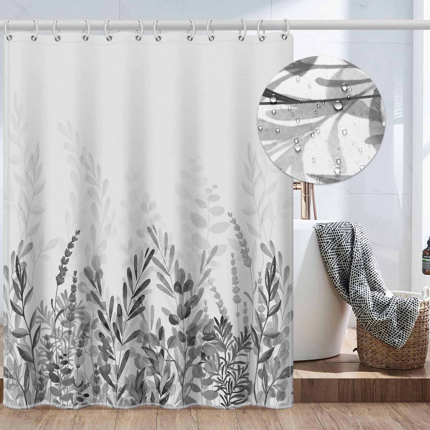 GSG Grey Eucalyptus Leaf Shower Curtain 72x72 Inches - Waterproof Fabric Bathroom Curtain with 12 Hooks, Heavy Weighted Washable Shower Liner for Bath Tub - Perfect for Modern, Farmhouse & Spa-Style Bathrooms