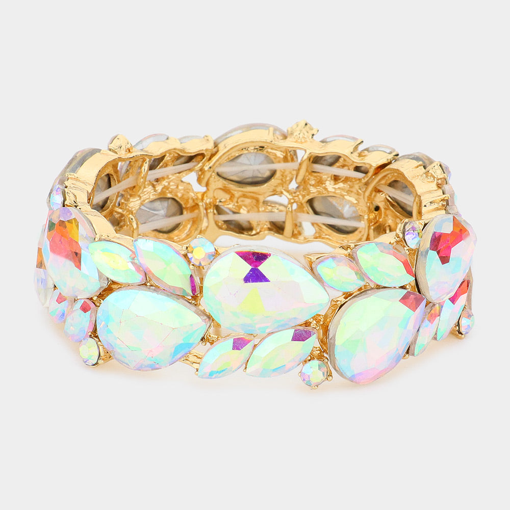 AB Teardrop and Marquise Stone Cluster Stretch Pageant Bracelet in Gold | Bling Chunky Bracelet for Women | Elegant Jewelry for Parties, Prom, and Special Occasions | 569498