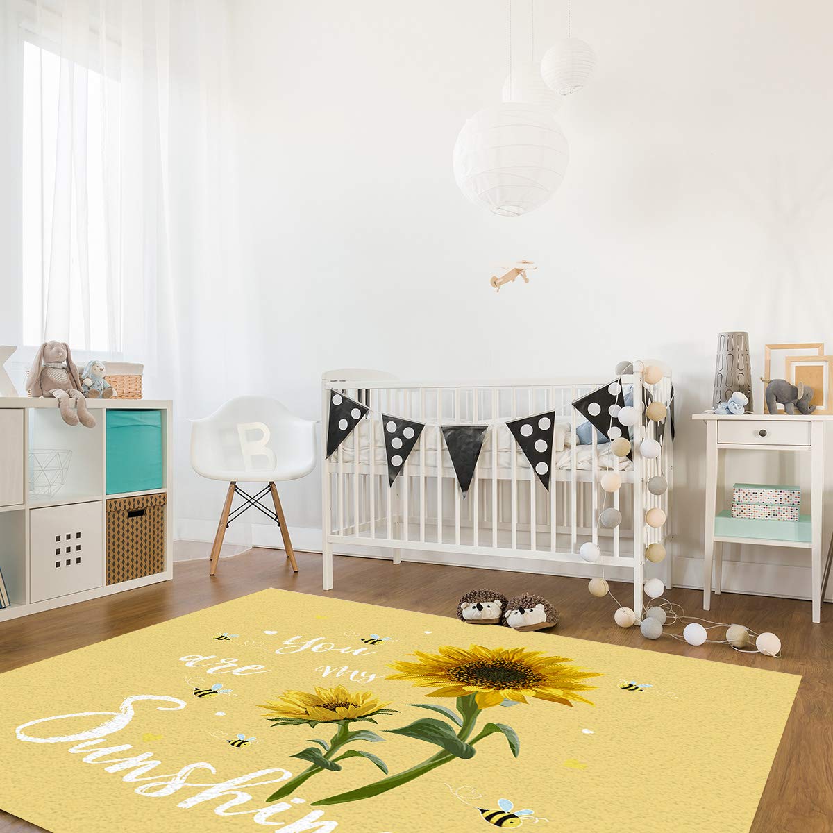 Non-Slip 2.7' x 5' Farmhouse Sunflower Bee Area Rug - Yellow Modern Throw Carpet for Living Room, Bedroom, Nursery - Cozy Home Decor & Perfect for Farmhouse, Boho or Country Style Interiors