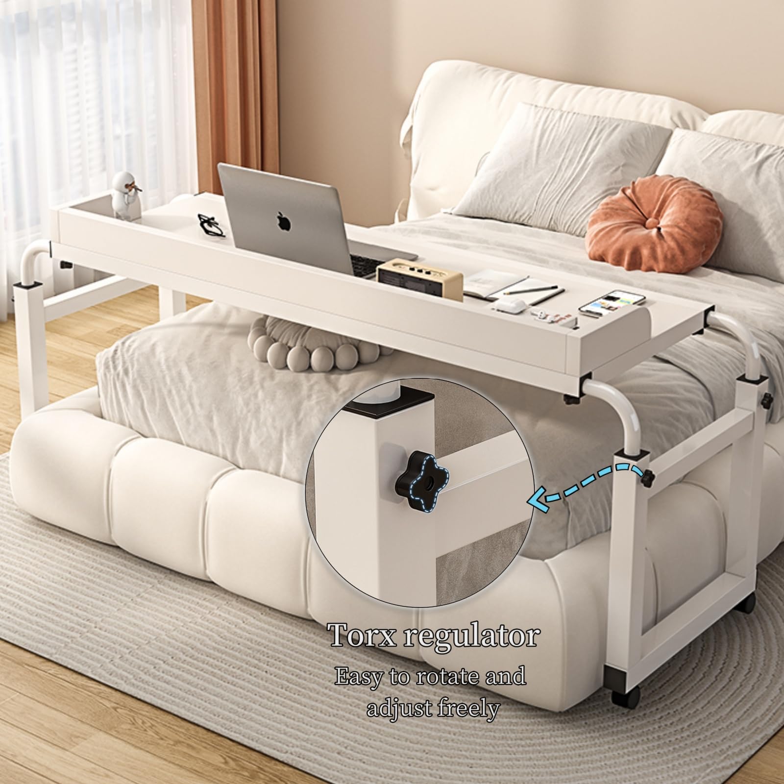 Adjustable Height Overbed Table with Wheels - Mobile Bed Desk for Laptop, Eating, Reading & Working - Perfect for Hospital, Home & Office Use