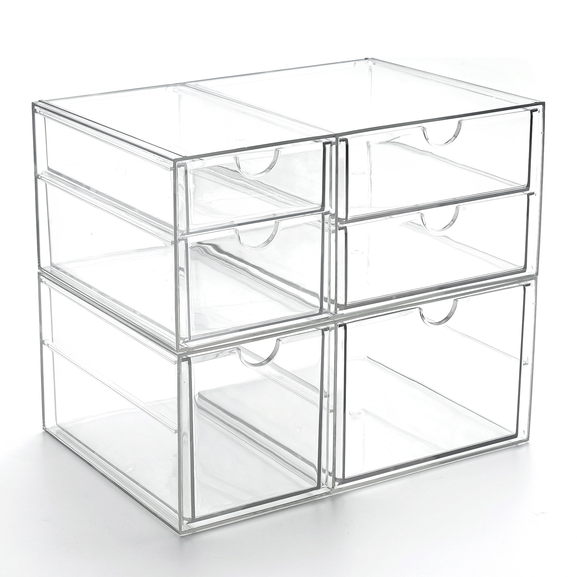 PRSILDAN 6-Drawer Acrylic Makeup Organizer Set of 2 - Clear Stackable Storage Drawers for Vanity, Office Desk, Countertop | Perfect for Cosmetics, Jewelry, Craft & Art Supplies Organization | Ideal for Bedroom, Bathroom & Workspace