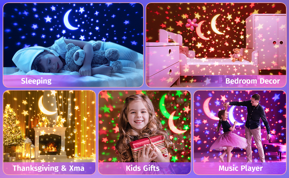 ONEFIRE Kids Night Light Projector with Bluetooth Music, 360° Rotating Star Projector with 48 Colors & Remote Timer - Perfect for Bedroom, Nursery, Sleep Aid & Relaxation