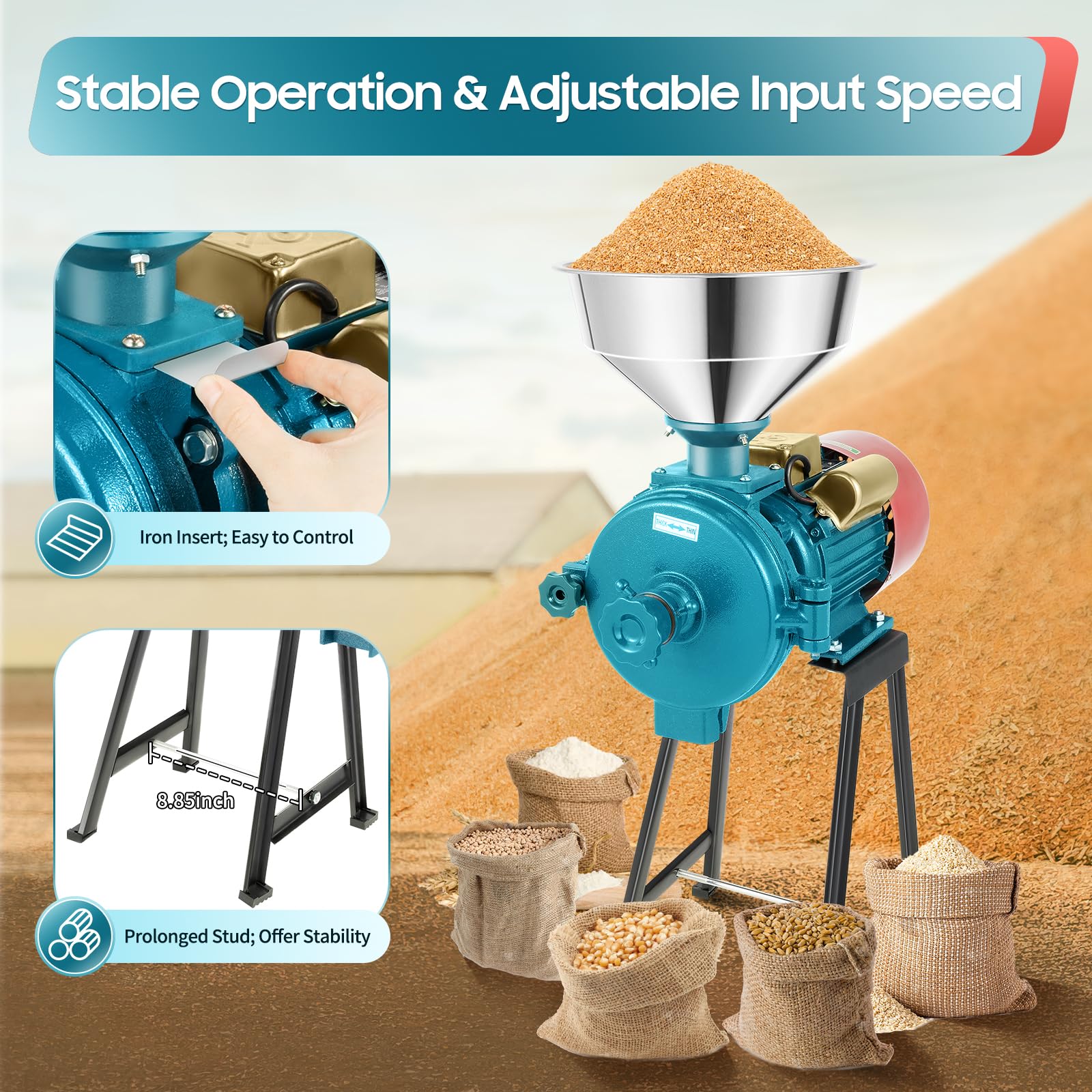 1500W Commercial Electric Grain Mill Grinder - Heavy Duty Corn, Wheat, Coffee & Cereals Grinding Machine with Funnel (110V, 1400r/min) - Perfect for Home, Bakery & Coffee Shop Use