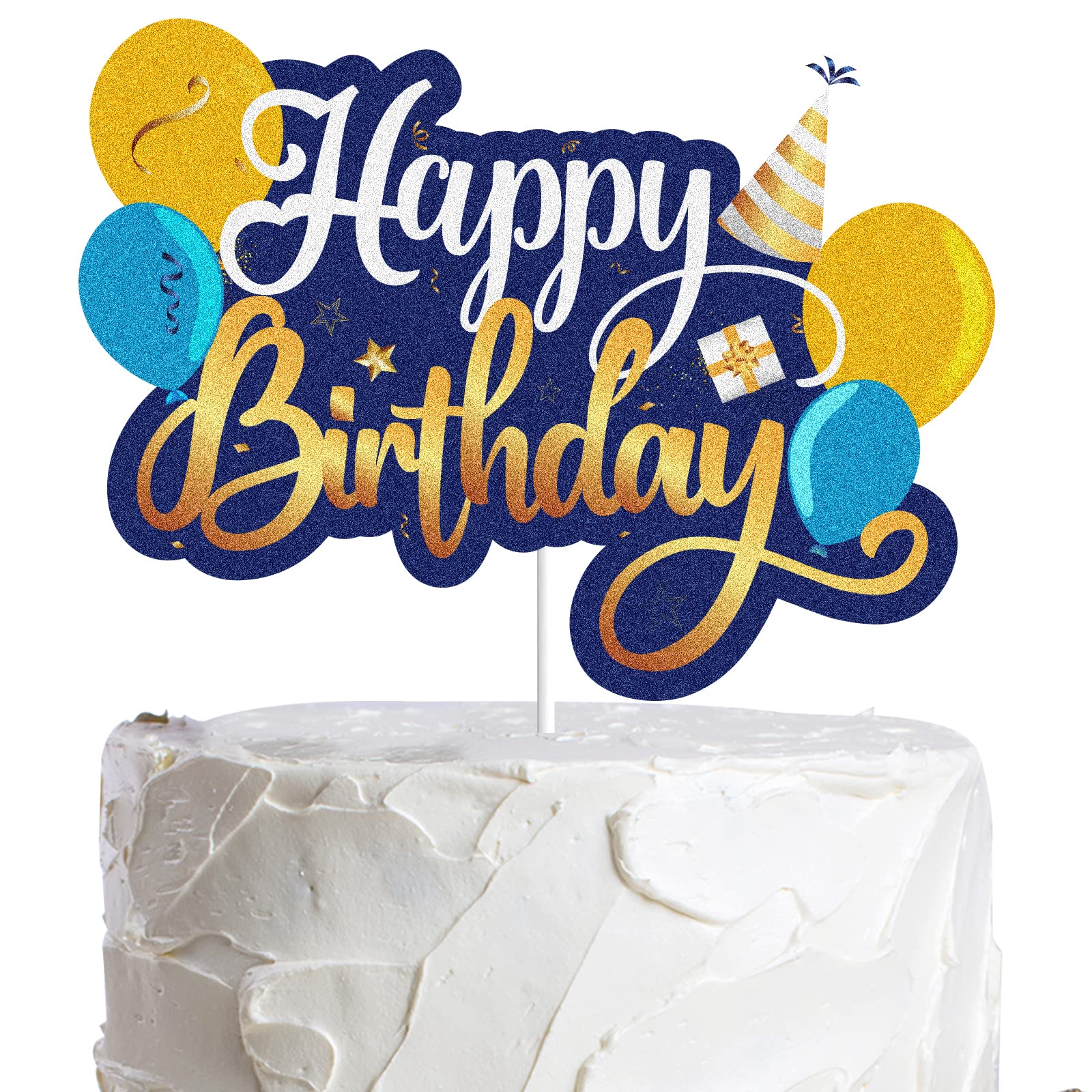 Dark Blue & Gold Glitter Happy Birthday Cake Topper - Large Party Decorations with Balloons for Indoor & Outdoor Celebrations | Perfect for Birthday Backdrops, Gift Parties & Special Events