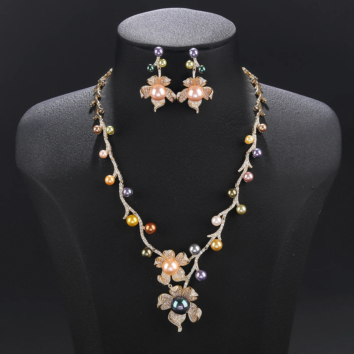 2-Piece Cubic Zirconia Pearl Flower Necklace & Earrings Set for Women - Elegant Wedding & Party Jewelry - Perfect for Bridal, Prom, Anniversary & Formal Events