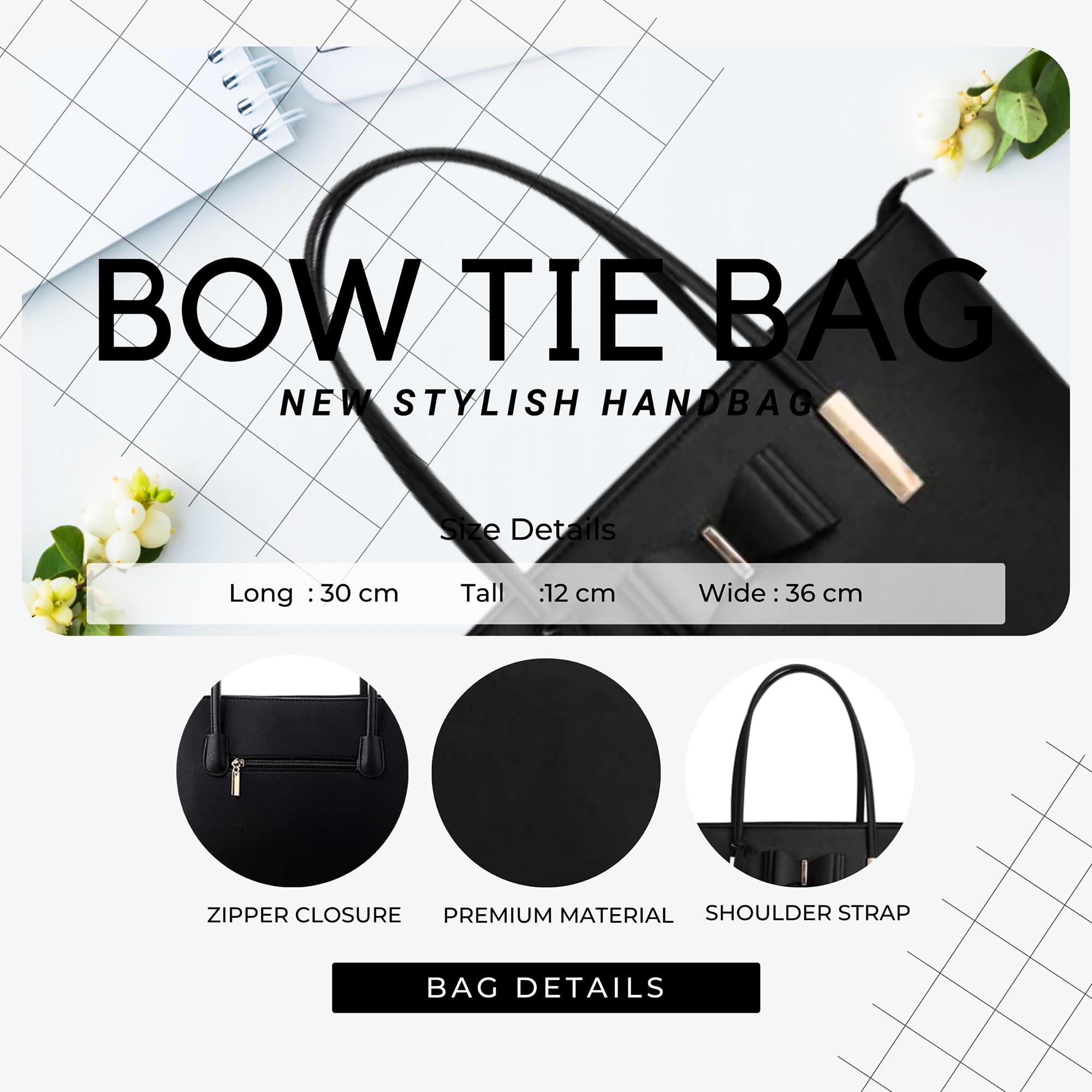 Stylish Black Travel Tote Bag for Women with Bow Detail & Zip Closure - Large Shoulder Handbag for Work, Laptop, Business & Weekend Getaways | Perfect for Office Commute, Business Trips & Travel Accessories