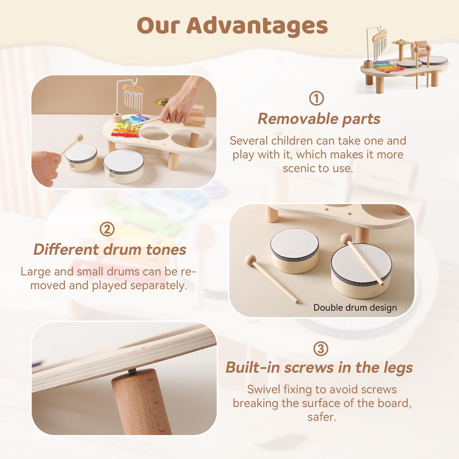 **Promise Babe Wooden Musical Instruments for Toddlers 1-3 Years - Kids Percussion Set with Drum & Xylophone - Montessori Educational Toys for Boys & Girls Ages 3+ - Perfect for Early Learning, Playtime & Birthday Gifts**