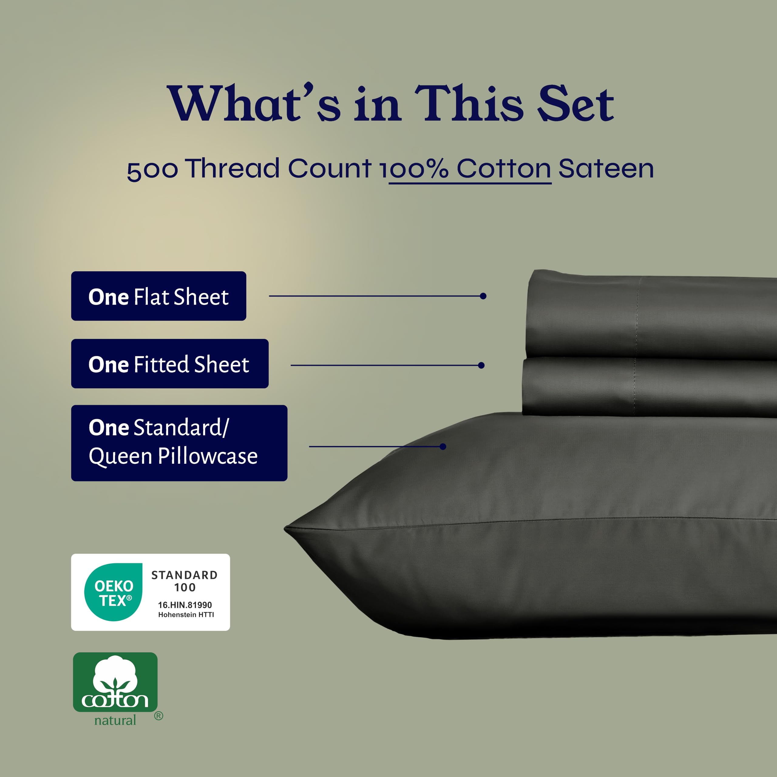California Design Den - Premium 100% Cotton Twin Size Bed Sheets Set, Soft Cooling Sateen Weave with Deep Pockets, 500 Thread Count - Grey - Perfect for Hot Sleepers & Guest Rooms