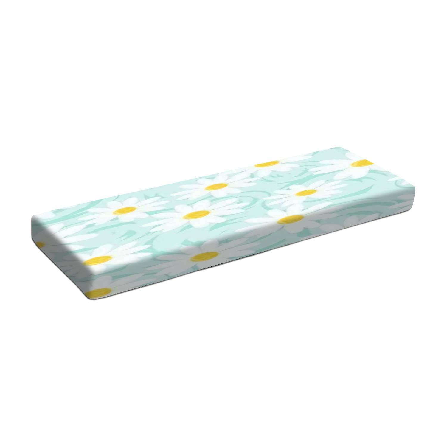 Washable Indoor Outdoor Patio Bench Cushion - Daisy Print Mint Green Solid Long Chair Seat Pad - Waterproof Fabric Cover for Garden, Sofa, Yoga & Home Decor - Perfect for Outdoor Lounging, Sunbathing & Relaxation Gifts