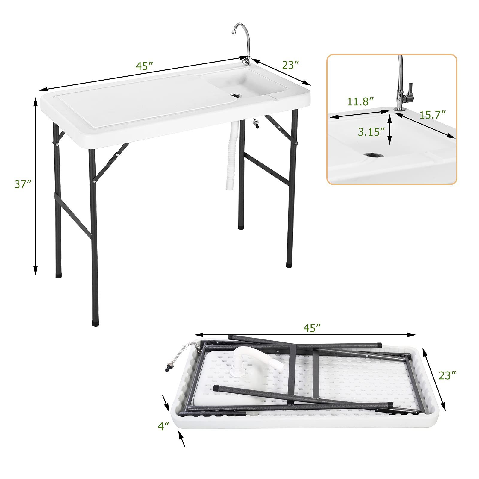 PETSITE Portable Fish Cleaning Table with Faucet - Foldable Outdoor Camping Sink for Picnic, Fishing & Backyard Use - White