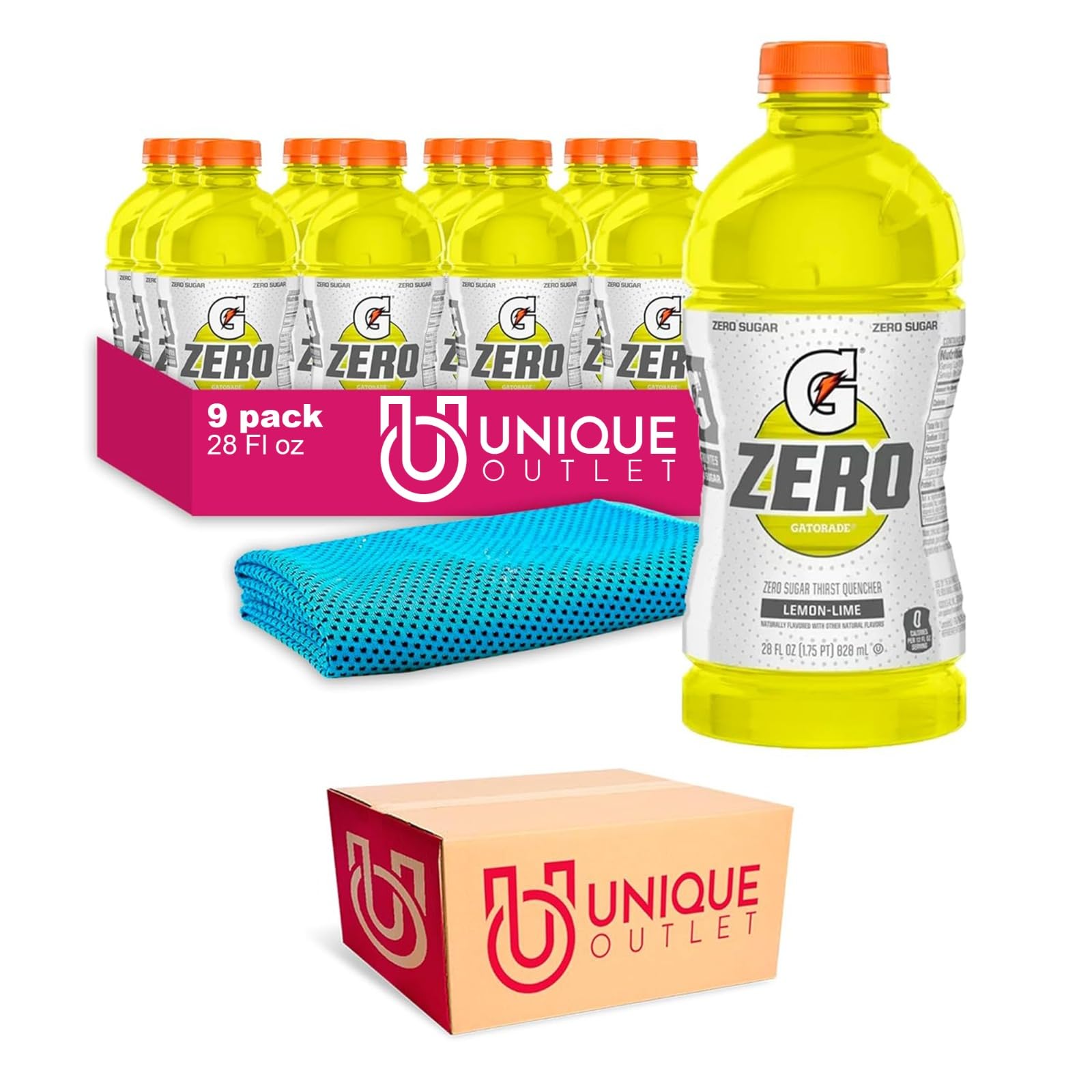 Gatorade ZERO Sugar Lemon-Lime Sports Drink (9-Pack, 28 fl oz Bottles) | Electrolyte Hydration for Athletes | Includes Free Cooling Towel | Perfect for Workouts, Running & Post-Exercise Recovery