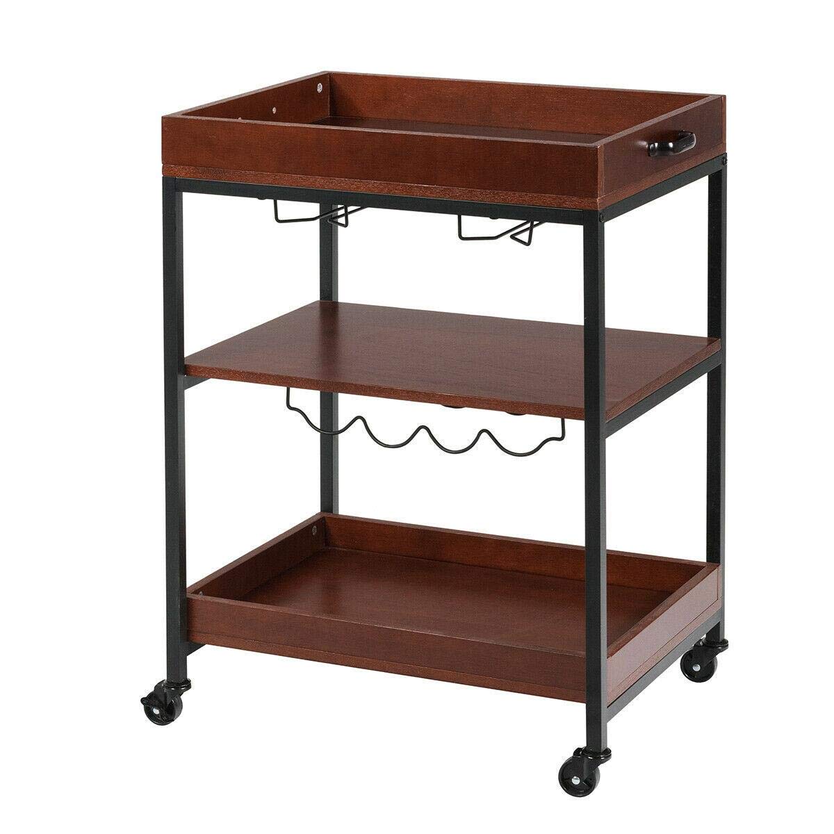 3-Tier Rolling Kitchen Cart with Glass Holder & Wine Rack - Mobile Serving Bar Cart, Storage Trolley for Kitchen, Dining Room, or Home Bar - Perfect for Entertaining, Organizing Spices, or Displaying Wine Collection
