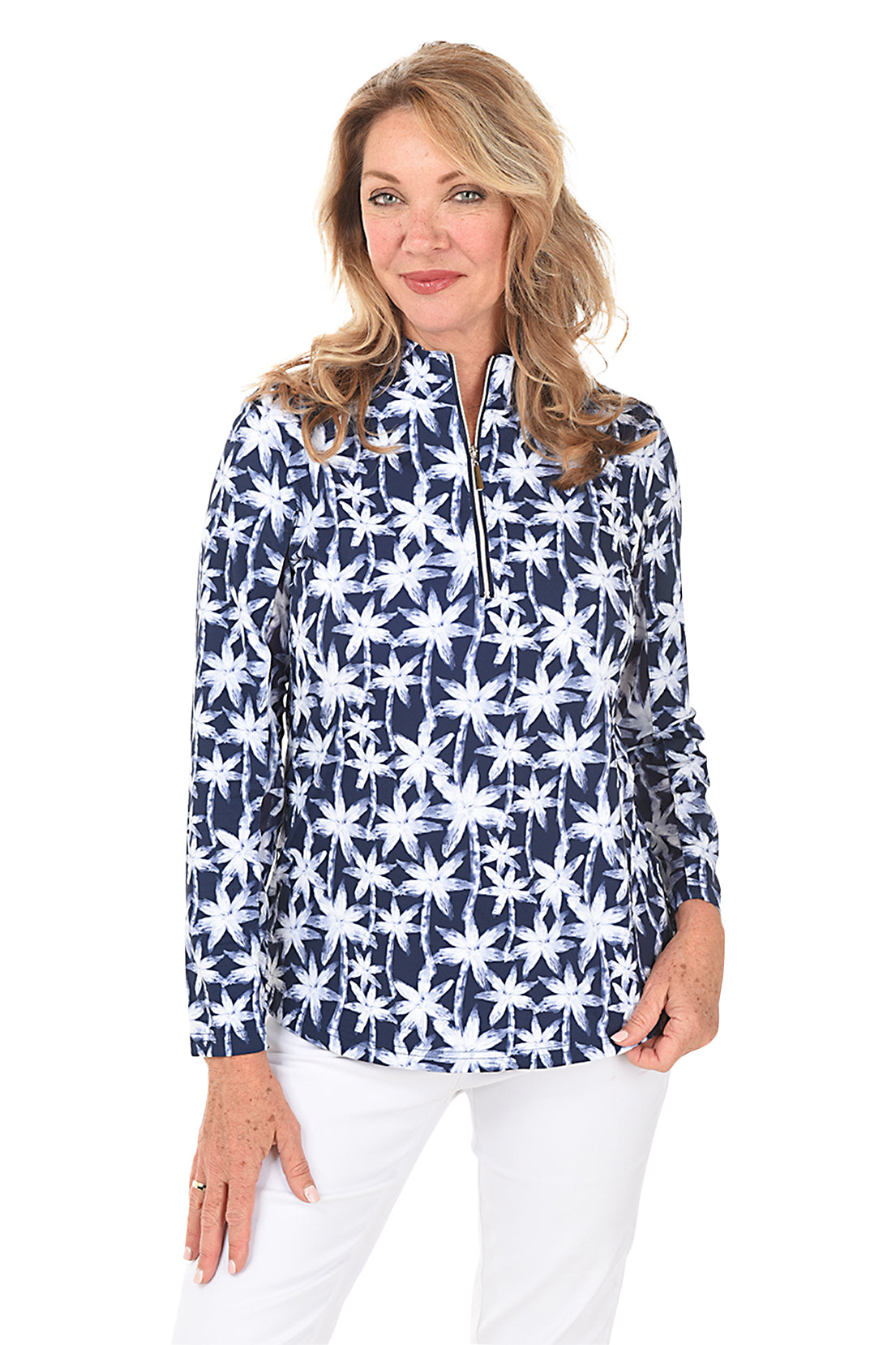 Cooling UPF50+ Mock Neck Top with Brushstroke Palms Print - Perfect for Beach, Pool & Summer Outdoor Activities