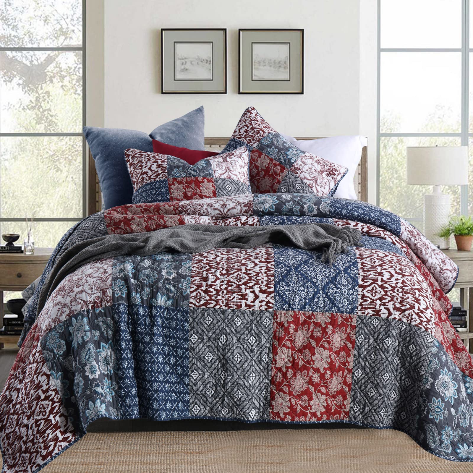 Yvooxny King Size Quilt Set - Lightweight Reversible Bohemian Floral Patchwork Coverlet Bedspread for All Seasons | Perfect for Master Bedroom, Guest Room & Bohemian Home Decor