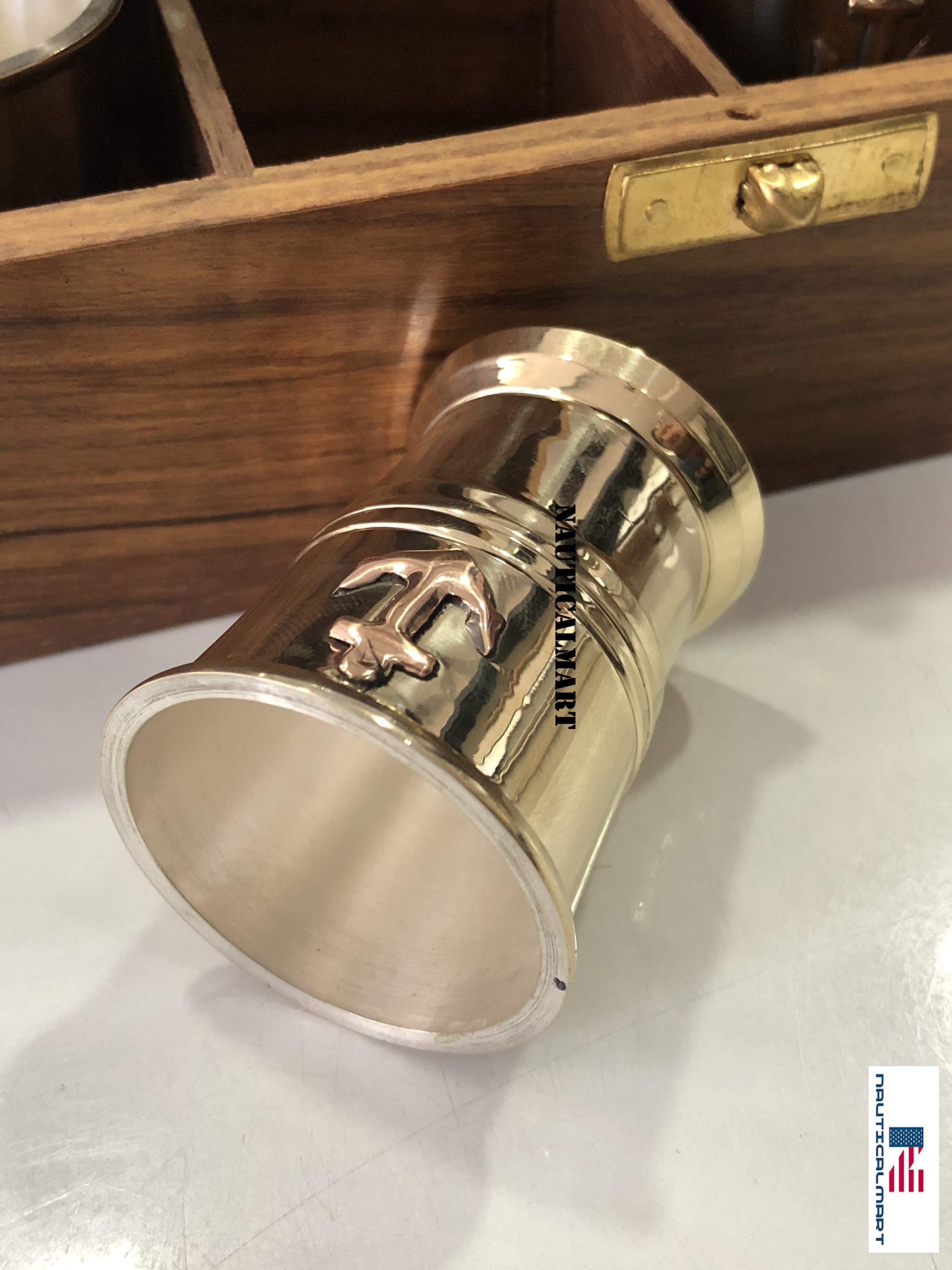 Premium Brass Tequila Shot Glasses Set of 6 with Anchor Engraving - Handcrafted Wooden Gift Box - Perfect for Nautical Themed Parties, Bachelor Celebrations & Home Bar Decor